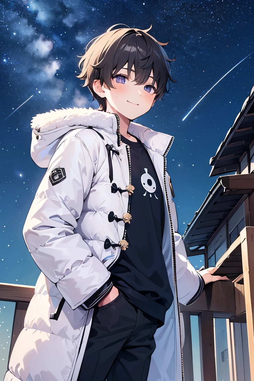 (1-boy :1.5),( light brown hair,Purple Eyes:0.65),smile,Before Dawn,Late Night, sky full of stars, White Breath, angle from below,((Puffer Coats:1.2)),( pockets on my t-shirt:1.0),