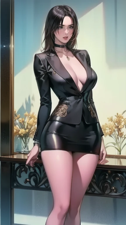 photo of a lady in a black blazer, , light brown hair, open-chest seduction, ((iridescent ((mini))skirt)), angled bob, blush, bangs, (big breasts:1.25), ribbon choker, circular glasses, (full), slim, smile, earrings, office, standing, 8K quality, {nsfw:0.8},
