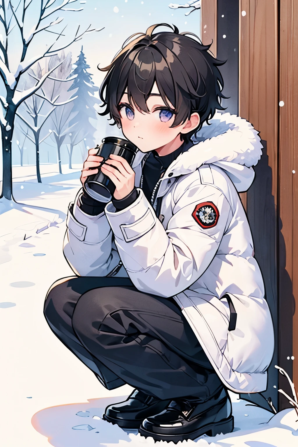 (1-boy :1.5),( light brown hair,Purple Eyes:0.65),snow,winter,snowだるま, squatting, looking at camera , cute,((Puffer Coats:1.2)),
