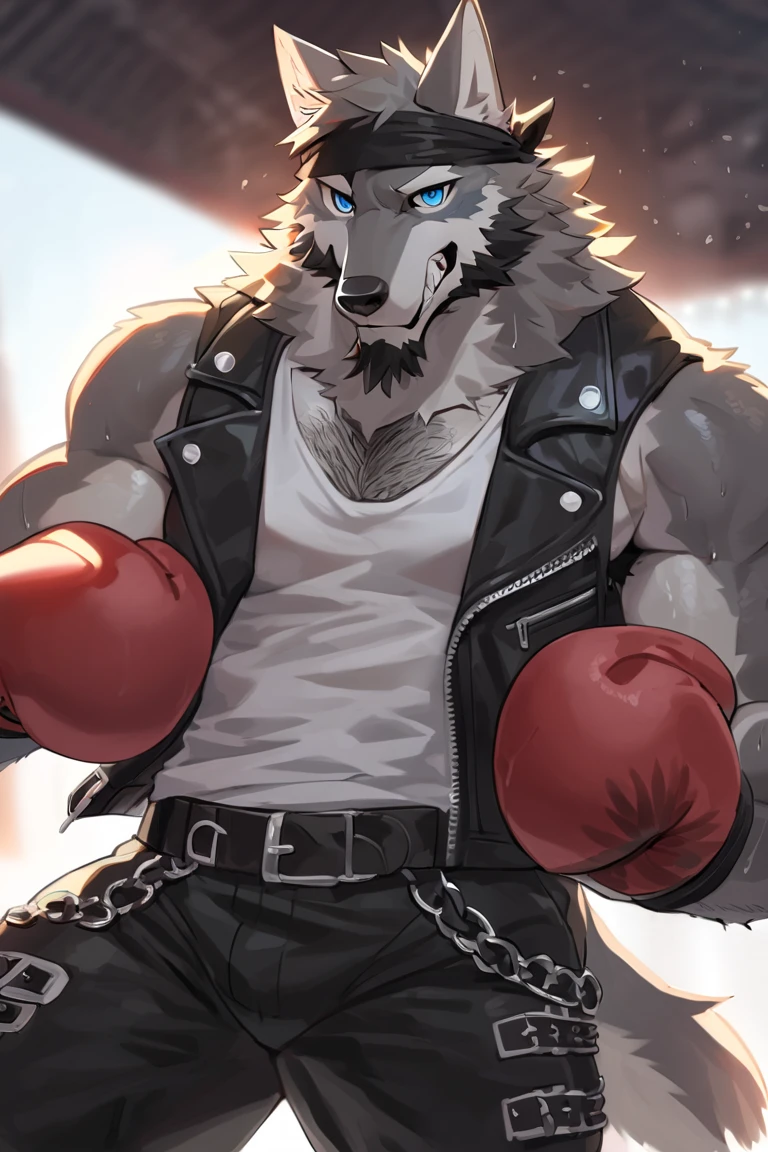 A muscular Minecraft wolf with a red pet collar with a gold plate and a wolf paw symbol, wearing black boxer shorts, holding a diamond pickaxe, sweating, cartoon