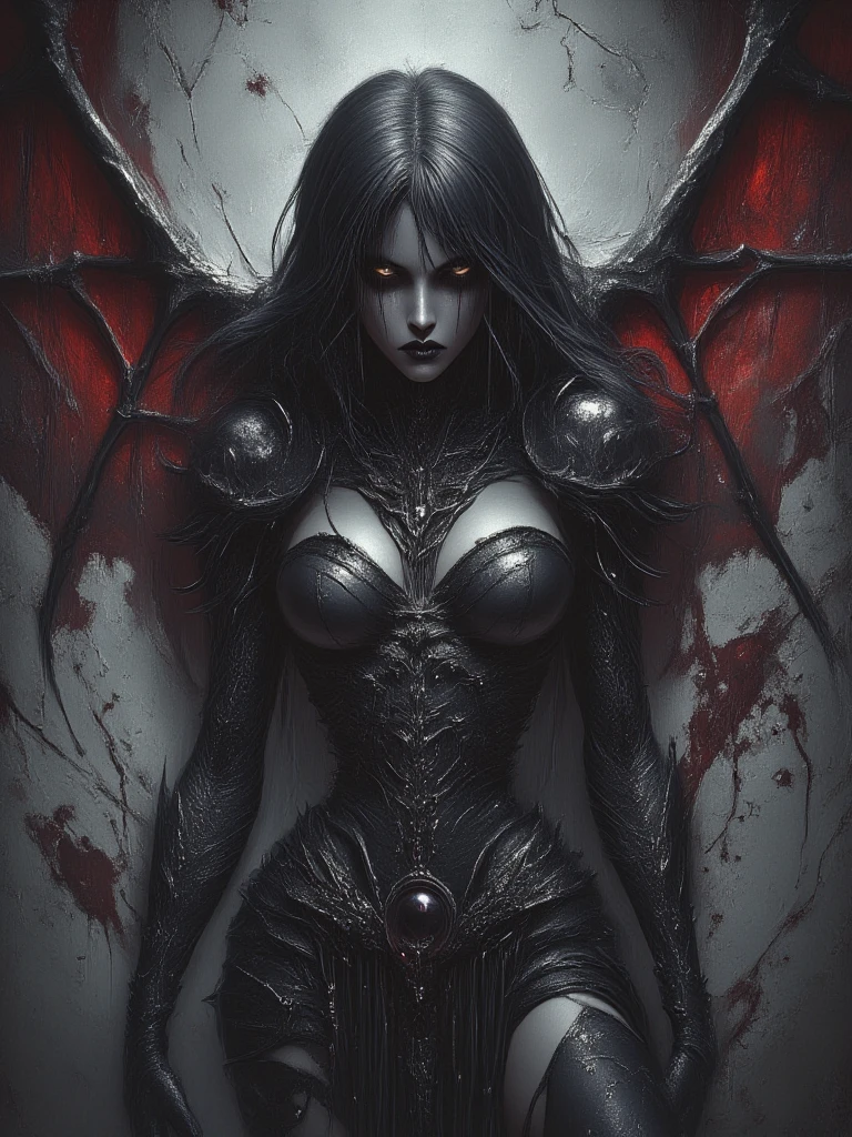 Goddess of death flying with black wings and a giant sickle over the moonlight and an army of skeleton demons beneath her. Red details and sexxy witch outfit. Emphasis on glutes
