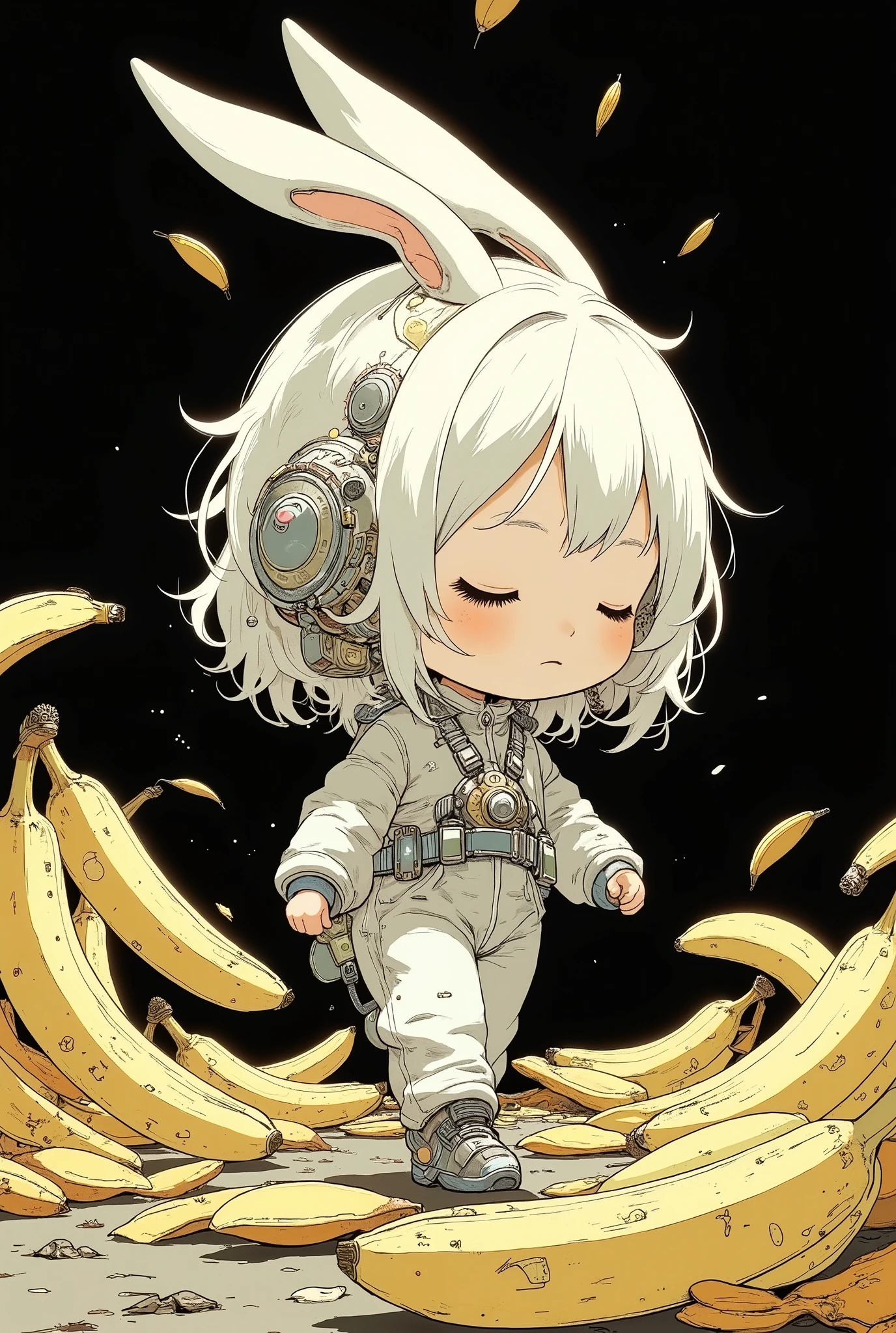 a surreal and dark depiction of a cute chibi-style bunny girl walking past banana peels, bunny girl\(closed eyes,soft white outfit rendered in cel-shading and flat illustration techniques,surroundings transformed into biomechanical metallic textures\), glitch effects subtly disrupt her form and the background, inspired by the haunting style of H. R. Giger