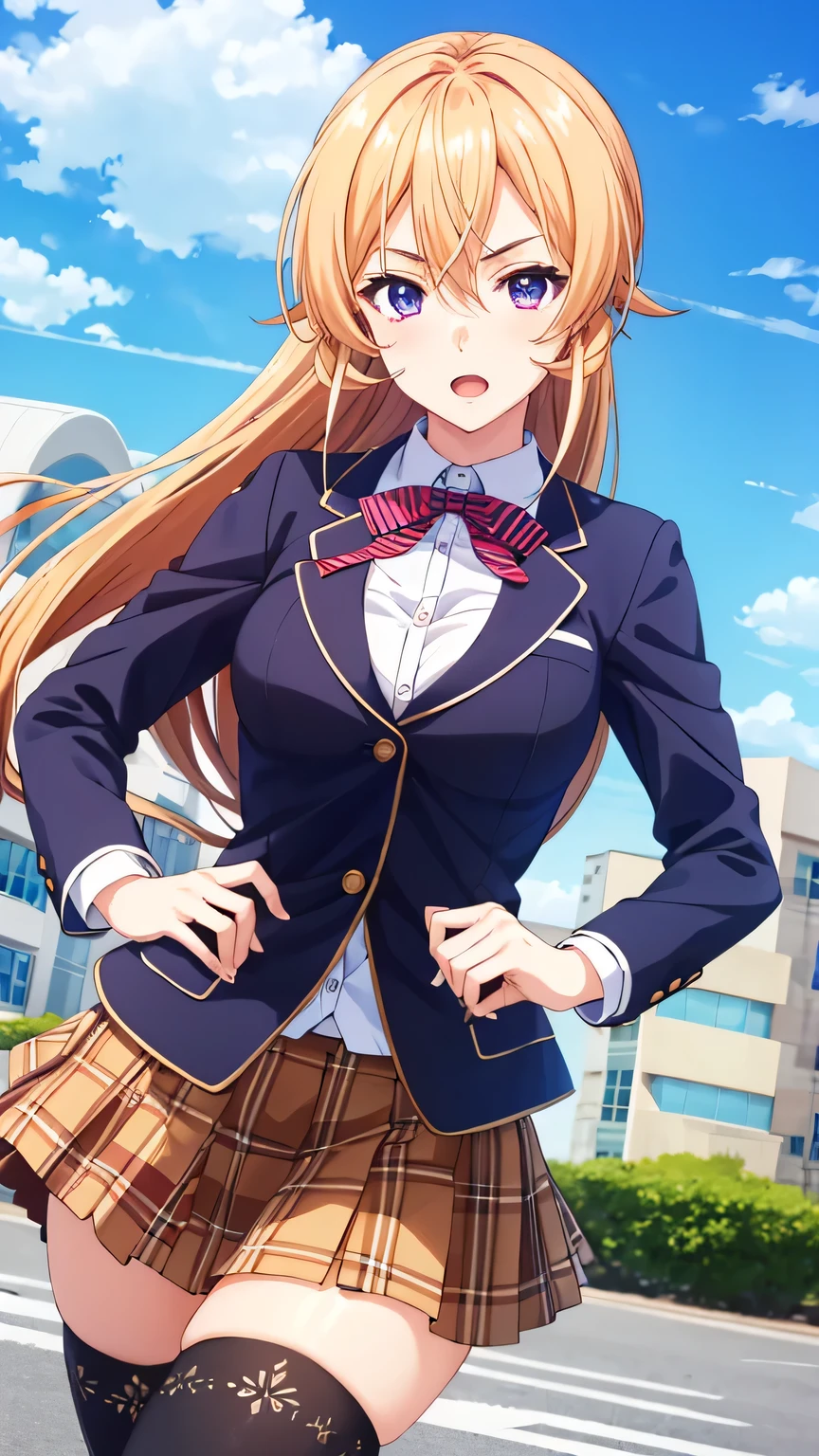 ((table top, highest quality, High resolution, nffsw, perfect pixel, 4k, nffsw, nffsw))), 1 girl, asuna,single, alone, beautiful woman、I could see the whole body、 ((brown eyes, beautiful eyelashes, realistic eyes)), ((detailed face, blush:1.2)), ((smooth texture:0.75, realistic texture:0.65, realistic:1.1, Anime CG style)), medium breasts, dynamic angle, perfect body, ((red bow tie, school uniform, black jacket, open jacket, brown cardigan, white shirt, black skirt, plaid skirt)), city stairs、Looking up from the bottom of the stairs、Very embarrassing panic smile, looked back、lean forward、(The wind flipped my skirt and exposed my butt.........................、touch your butt with both hands、pink floral lace panties)、