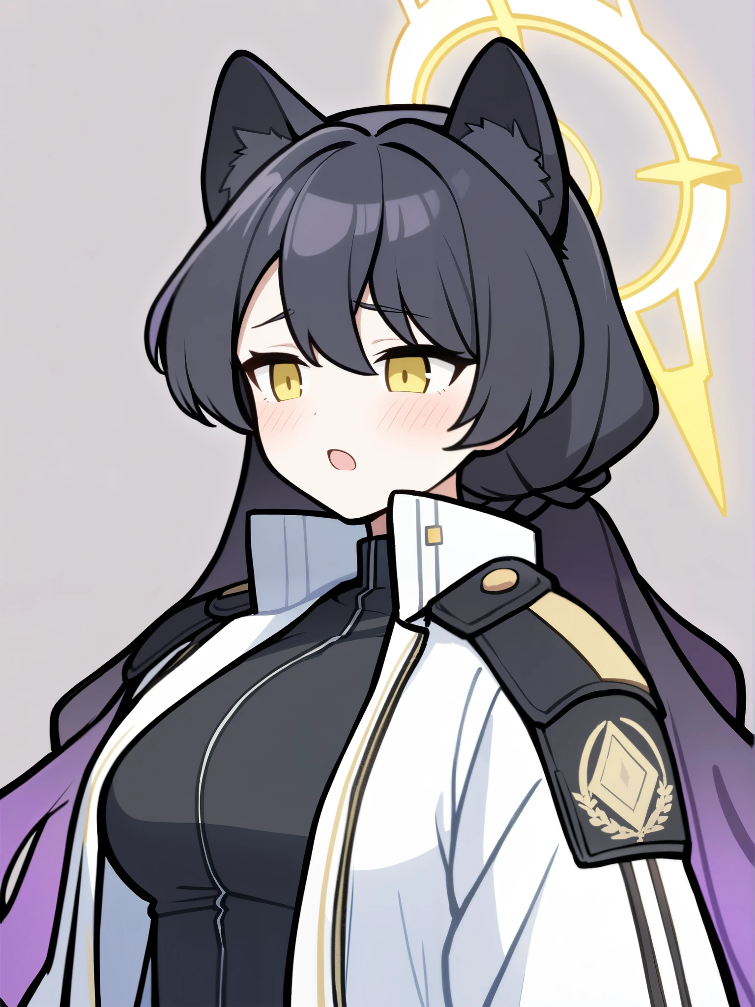 1 woman,
Aaron \(road\) \( blue Archive\), blue Archive,
alone, black hair, Looking at the Audience, white background , long haired , hair between the eyes , jacket, purple hair, large Breasts, simple background , halo, road jacket, headband , open mouth, animal ears , Long sleeve , Blusher, Upper body, Breasts, yellow eyes, animal ears 솜털, White Jacket ,
safe