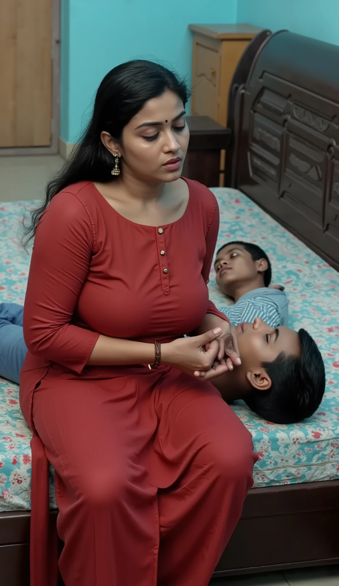 hot skinny slim healthy south indian dark brown skin curvy milf with long messy tied hair, perfect breast, simple small black dot bindhi, broad shoulder, big hip, big ass, thick thighs, woman wearing long side slit cleavage kurti(very big breast clevage) and leggings, in indian slum bedroom, ultra hd photo, 4k picture, looking at camera, indian fit body 18 years old man no beard clean shave and short hairstyle wearing shirt and pant, woman lying sitting on bed, man lying on woman’s lap, woman going to breastfeed man, couple looking at camera giving simple dominating pose,fully clothed, full body long perfect view,