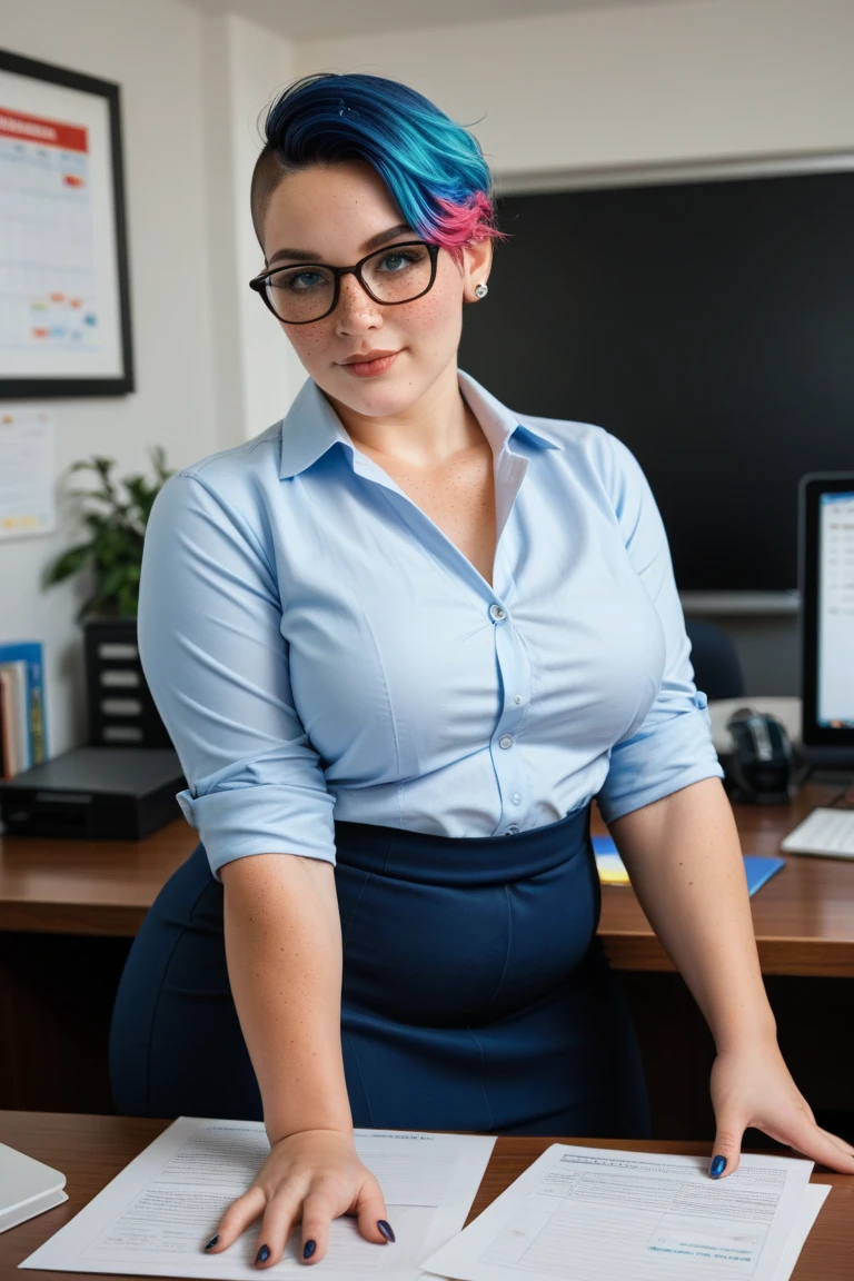 Young MILF, 2, red ginger hair, hair worn in a loose bun with free strands framing her face, freckled face, lots of freckles, extremely thin metal frame glasses, professional worker as either a teacher or an office secretary, has a bit of a wild side, busty, hourglass figure that strains her clothes but just slightly, skintight shiny purple cocktail dress, huge breasts, hyperbreasts, unrealistically large breasts, breasts larger than any others to exist, breasts spilling out of her dress slightly, spreading her legs, massaging her own legs and her own pussy, female masturbation, sitting in an office chair, teacher’s desk, books and an apple on the desk, desktop computer, taking a break from work to talk to me, sweet but intense gaze, green eyes, sharp green eyes, thin but lush lips, tiny gold earrings, long and thin gold necklace, high heeled shoes, sexy and sophisticated, trending toward NSFW, about to make a sexual advance, still clothed but not for long, biting lower lip seductively, legs crossed tightly in anticipation, leaning forward slightly, staring at me, staring at viewer, seductively staring, blowing a kiss with her hand, POV from below, looking at me with a sweet seductive smile, Kind but dominant teacher, asking you to praise her, looking down on you from her desk, showing you her soaking wet pussy from above