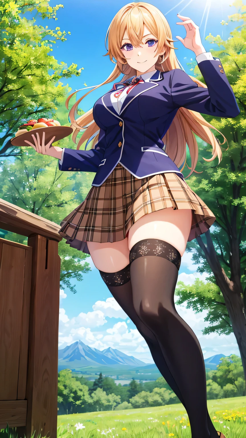 {{{masterpiece}}}, (best quality:1.5), (ultra-detailed:1.5), {illustration}, {{an extremely delicate and beautiful}}, (beautiful detailed eyes:1.6), absurdres, highres, extremely detailed face, 16k, hd, visual anime de uma jovem mulher, extremamente bonito rosto de anime, anime melhor garota, (perfect hands, perfect anatomy), anime face, Erina Nakiri(Food Wars!), 1girl, solo, cute face, long hair, blonde hair, (purple eyes:1.1), hair between eyes, medium breasts, big hips, curvaceous, BREAK, {school uniform}, blazer, dark blue jacket, long sleeve, (close jacket:1.3), tuck out, white shirt, collared shirt, striped tie, red ribbon tie, pleated skirt, plaid skirt, brown mini skirt, (black thighhighs:1.3), thighs, zettai ryouiki, BREAK, smiling, looking at viewer, flushed cheeks, flash effect, outdoor, mountain, daytime, forest, flower garden, field, sunshine, peer in from below