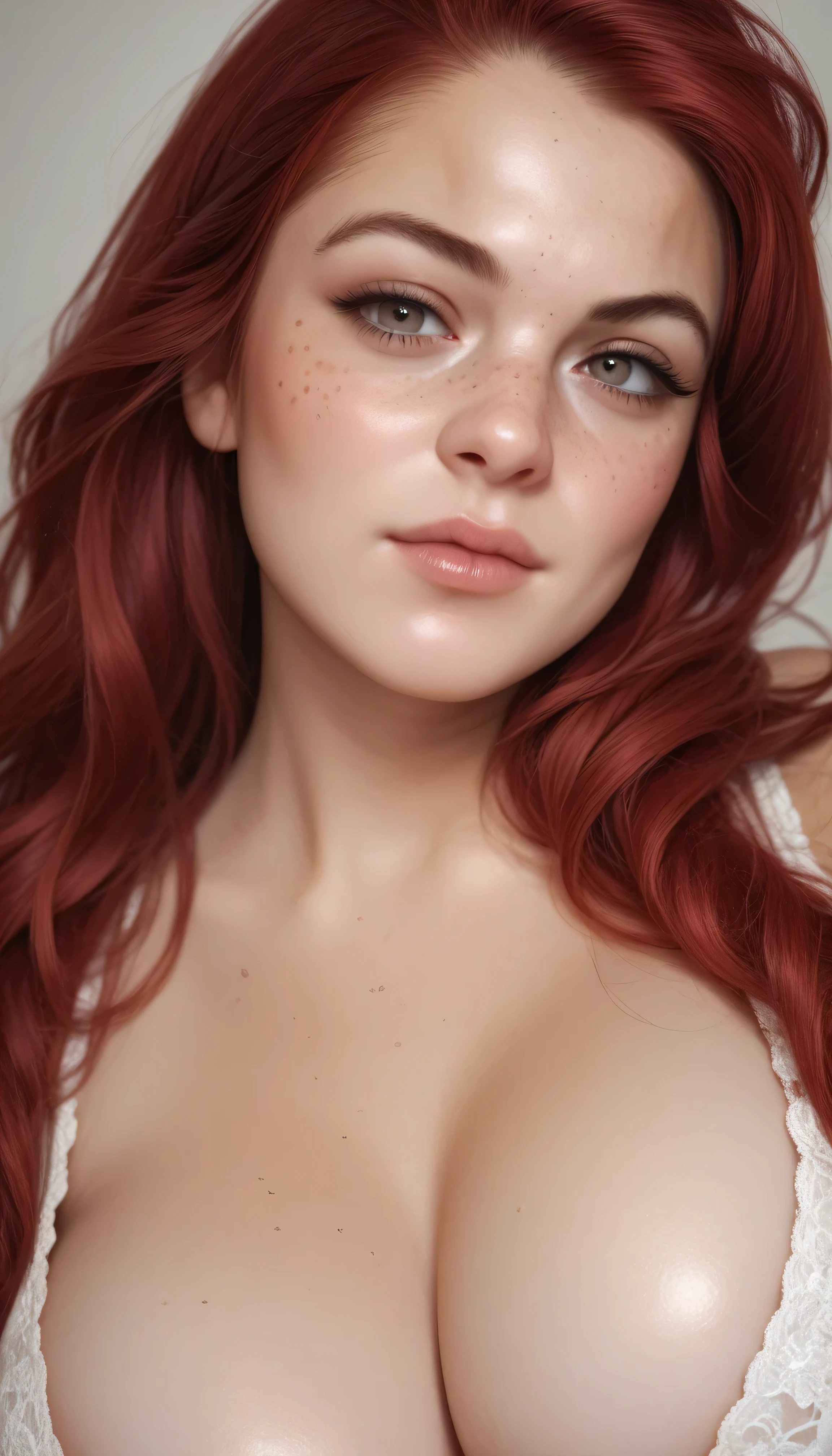 beautiful woman with large breasts and dark red hair, photorealistic, with freckles on face, closed mouth, one raised eyebrow