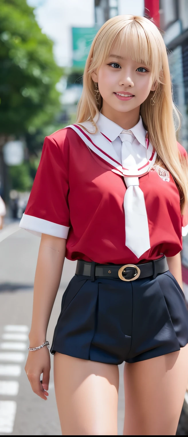  pure idol girl（flashy blond hair ）、A pure girl's face、Tanned Thick Legs 、shiny red shorts uniform、、happy belt