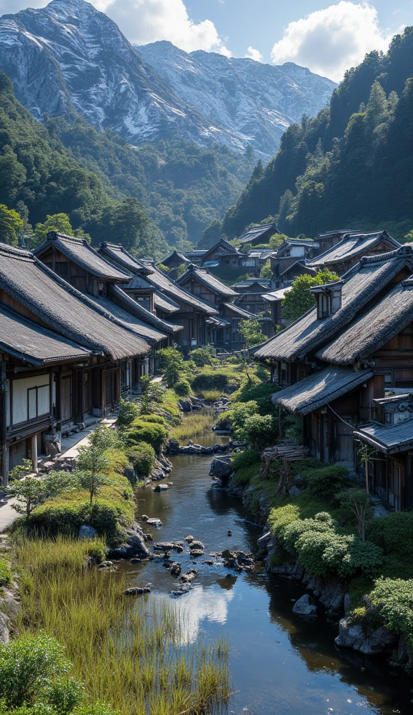 A picturesque Japanese village featuring traditional Gassho-style houses with steeply pitched thatched roofs. The scene is set in a serene mountain valley surrounded by lush green forests in summer (or covered in pristine snow during winter). A small creek runs through the village, reflecting the houses and the blue sky above. Rice paddies or small gardens can be seen near the houses, adding to the rural charm. The atmosphere is peaceful, with soft sunlight illuminating the natural beauty of the landscape.