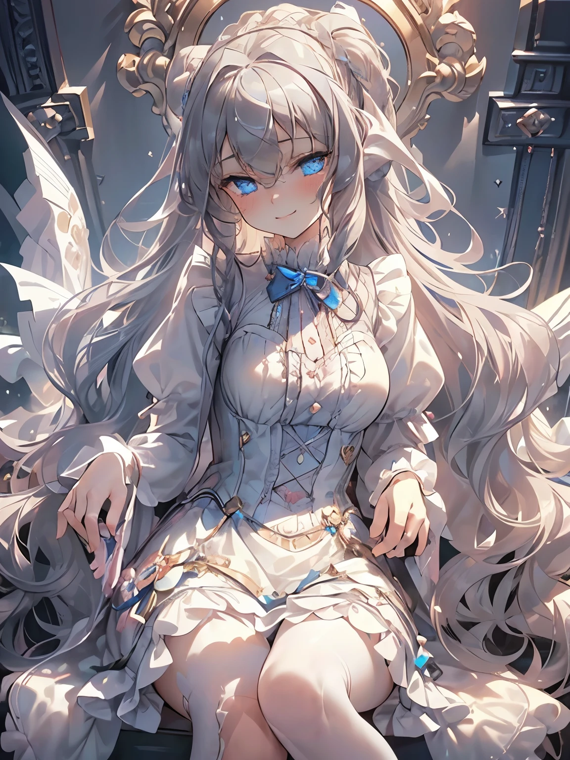 (Masterpiece, best quality ), Warm lighting, Blurry Foreground, (()), 1 Girl, (( Victorian Style Outfit )), (ta Outfit ), ((( fluffy hair ))), Compensate, Details, ( best quality ), ( intricate detail in wet water), ((long jet grey hair)), ((Hair is fluffy )), best quality , (( Fluffy Long Sleeve Dress )), (), (( thigh-length socks)), ((My socks are white )), (( round eyes)), beautiful faces, cute face, pin-up , Details of a perfect face, Victorian Morning Background , (((blue eyes))), (( curly long hair )), ((((( soft smile , happy))))), Woman Sitting on Desk Chair