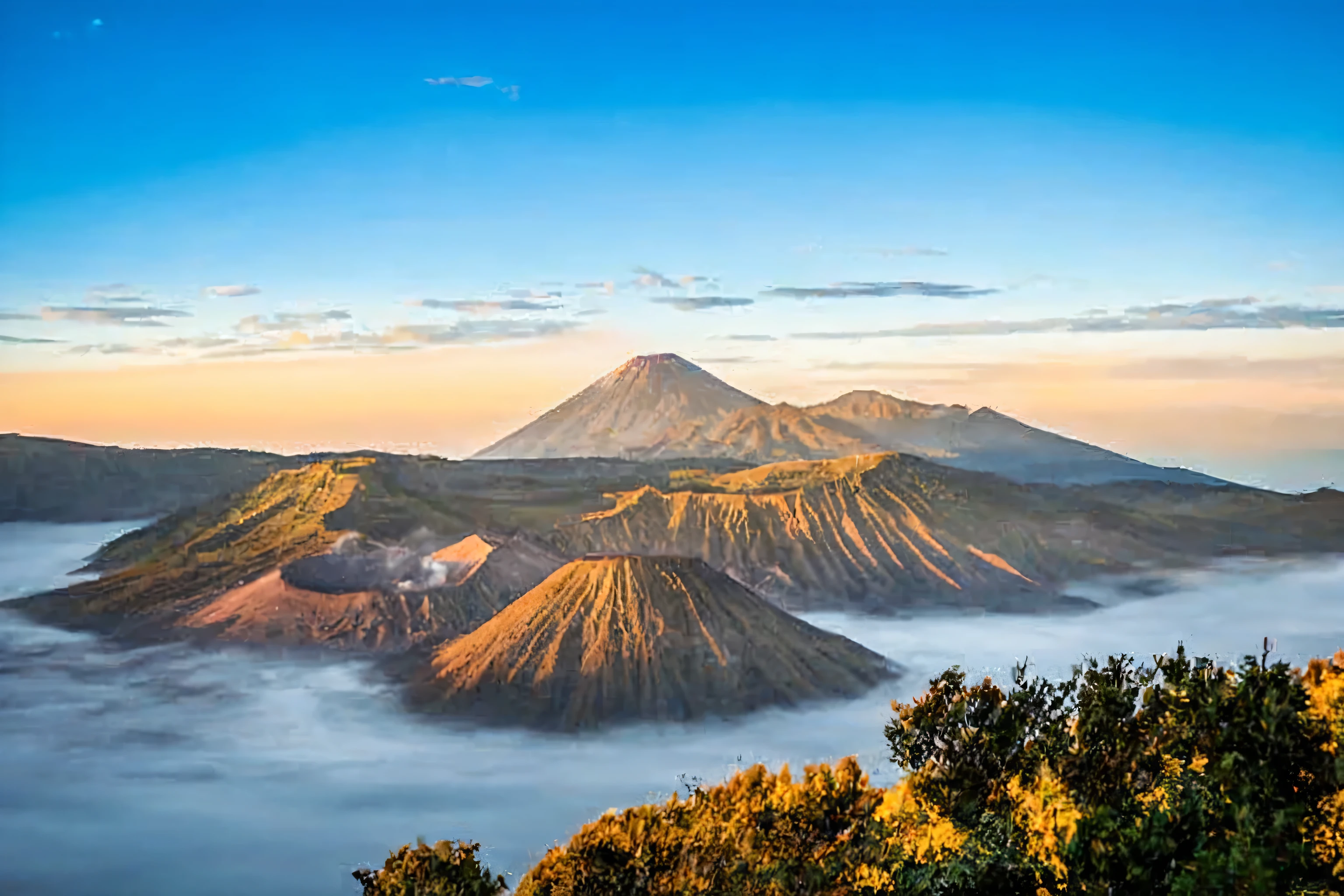 arafed mountain range with a few trees and a few clouds, volcano landscape, indonesia national geographic, volcanic landscape, indonesia, sumatraism, volcano in background, volcano setting, volcanoes in the background, sun rises between two mountains, during sunrise, two mountains in background, volcano in the background, an amazing landscape image, mountains in a background, mountain in background