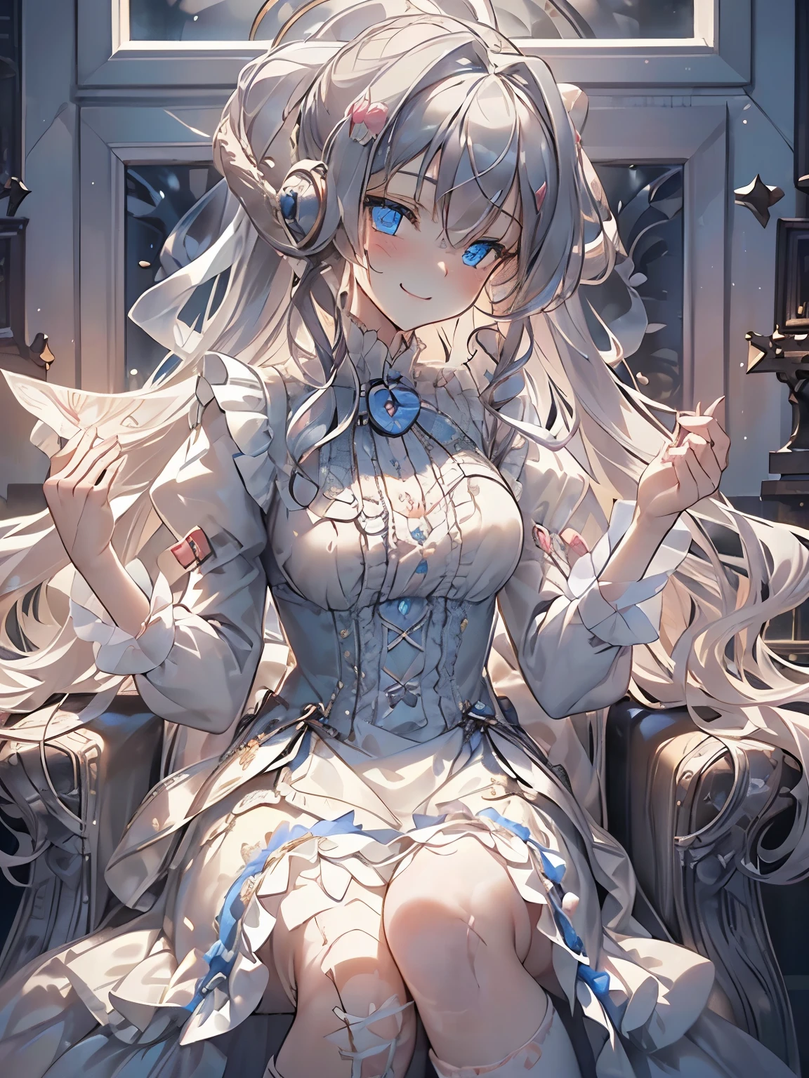 (Masterpiece, best quality ), Warm lighting, Blurry Foreground, (()), 1 Girl, (( Victorian Style Outfit )), (ta Outfit ), ((( fluffy hair ))), Compensate, Details, ( best quality ), ( intricate detail in wet water), ((long jet grey hair)), ((Hair is fluffy )), best quality , (( Fluffy Long Sleeve Dress )), (), (( thigh-length socks)), ((My socks are white )), (( round eyes)), beautiful faces, cute face, pin-up , Details of a perfect face, Victorian Morning Background , (((blue eyes))), (( curly long hair )), ((((( soft smile , happy))))), Woman Sitting on Desk Chair