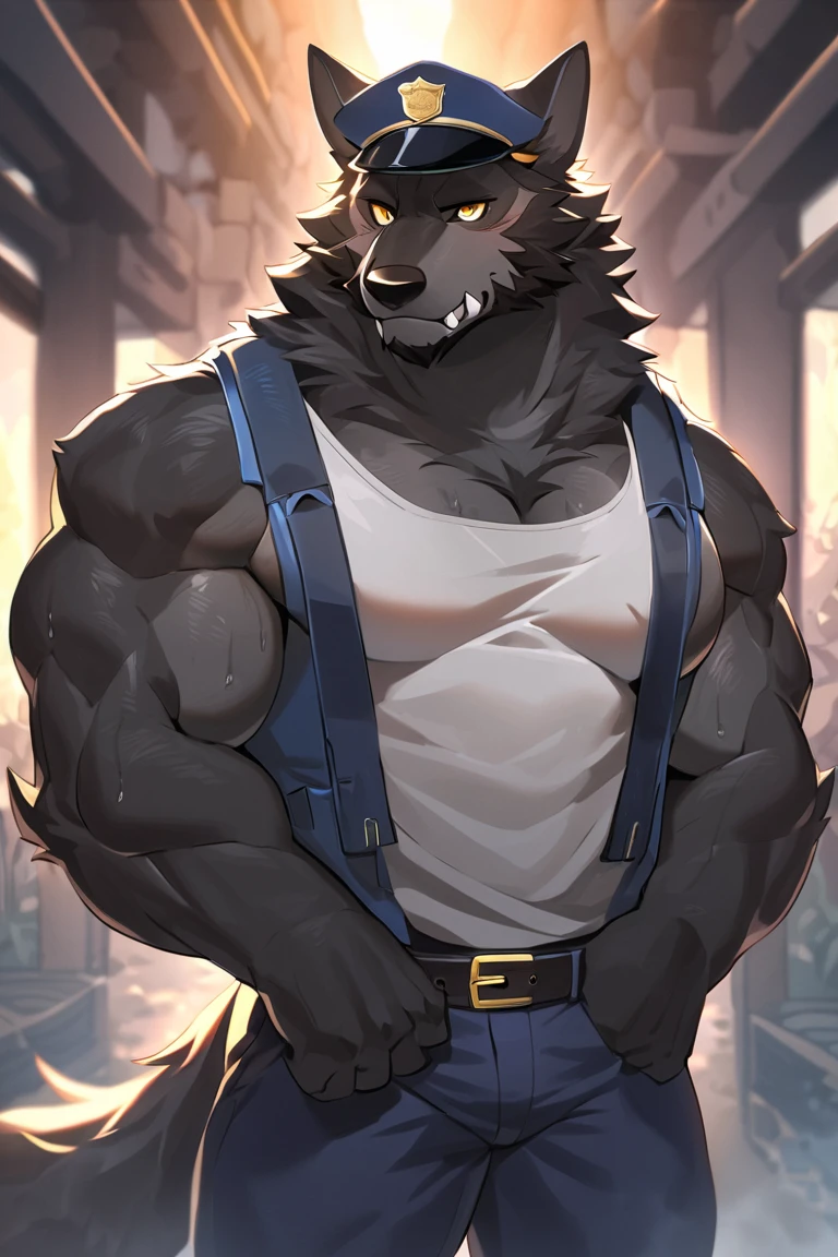 close up, furry, anthro, giant werewolf,wolf ears,wolf tail, dark grey and white fur, messy fur, neck floof, yellow glowing eyes, razor sharp teeth, giant sabertooth, muscular body, handsome, monstrous, tall, in a cozy house that's too small for him, daytime, alone, wearing a white baggy tank top, black denim shorts with a giant bulge, body covered in scars, pawpads, black pawpads, best quality, 4K, UHD, masterpiece,