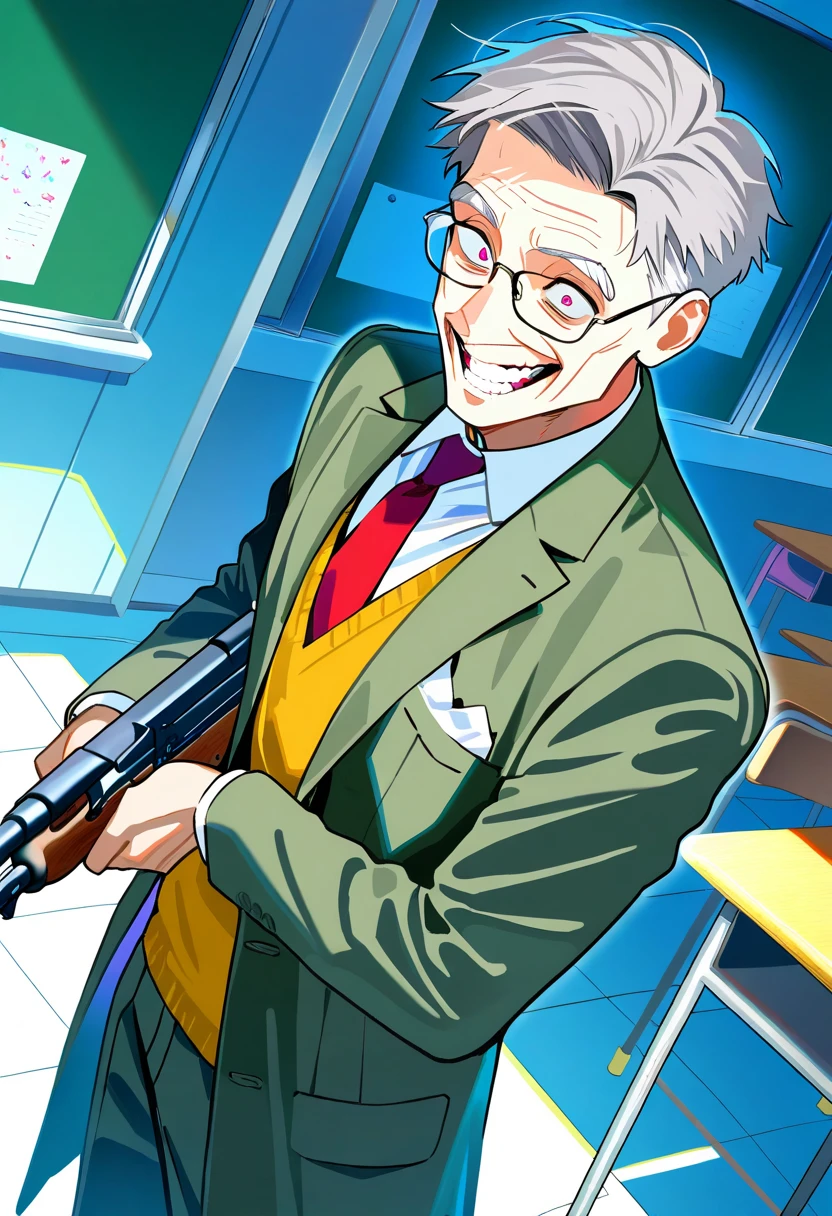 score_9,score_8_up,score_7_up,rating_safety,source_manga,masterpiece,best quality,hyper detailed,super fine illustration,8k,cinematic angle,BREAK old man,Psycho,Psychedelic,male,solo,grey hair,bared,Crazy Eyes,Crazy Smile,glasses,(holding_ak-47),men's suits in coat,standing,BREAK crapped classroom,detailed background,BREAK crazy atmosphere,
