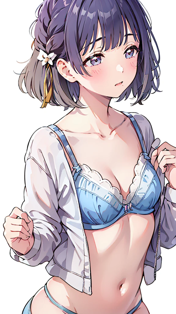 top quality, masterpiece, ultra high resolution, 8k, sun, ((white panties, polka dot Panties, ultra-small panties,)), ((white bra)), (((breasts, Well-endowed))), girl manga style, soft line art, digital enhancement, girl manga touch, (short hair),braid, red ribbon, soft drawing, beautiful black hair, clear eyes, ((flustered gesture, surprised expression)), ultra-detailed digital anime art, clear face depiction, ultra-detailed girl manga character art, clear facial features, (lower body) , face focus, beautiful and aesthetic:1.3、High quality:1.3