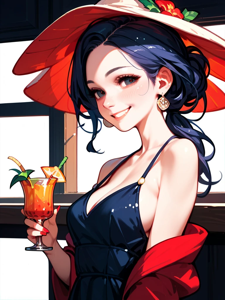 masterpiece, best quality, 1girl, solo:1.2, azula, holding a tropical cocktail, looking at viewer, beach house setting, indoors,topless, nipples, party, nudity, nsfw, smile, sleepy, drunk expression, wasted girl, hair tubes, ponytail, closed mouth, drunk, detailed face, medium closeup shot,upper body focus, excessive pubic hair, pubic hair, low angle, drinking alcohol, tits out, , big tits,hanging breasts, couch