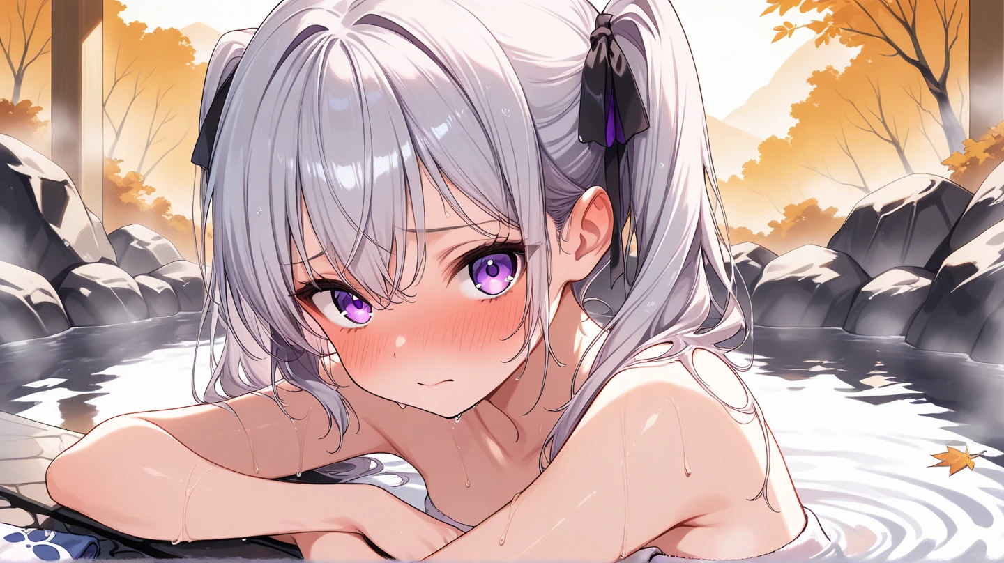 (masterpiece, best quality:1.5), (ultra detailed, high resolution, 8k, beautiful detailed, UHD, best anatomy), white hair in braids, medium breasts, 1 cute girl, (watercolor painting Art:2), Beautiful Backgrounds, warm tones, Soaking in an open-air bath, naked, vapors