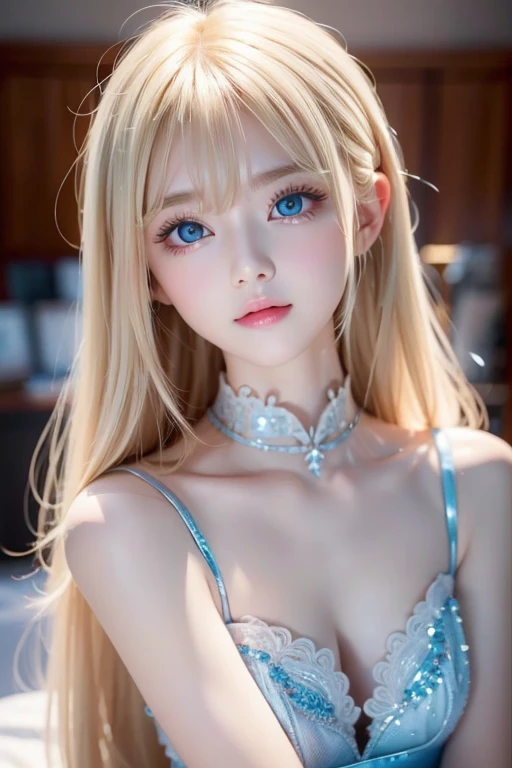 The pieces fly, Highest quality, figure, Very detailed, The finer details, High resolution, 8K デンデ wallpaper, 完璧なダイナミックな構figure, Detailed and beautiful eyes, dress, Super long platinum blonde straight silky hair,Bangs that flow between the eyes、 Blonde hair above the chest, Natural color lip, Random sexy poses,A shy smile,Beautiful 15 year old girl,Cute type、Her big, bright cream ice blue eyes shine beautifully.、Very big eyes、Cheek highlighter、Very white and beautiful skin、Glowing Skin、Small Face Girl、Round face、A beautiful girl