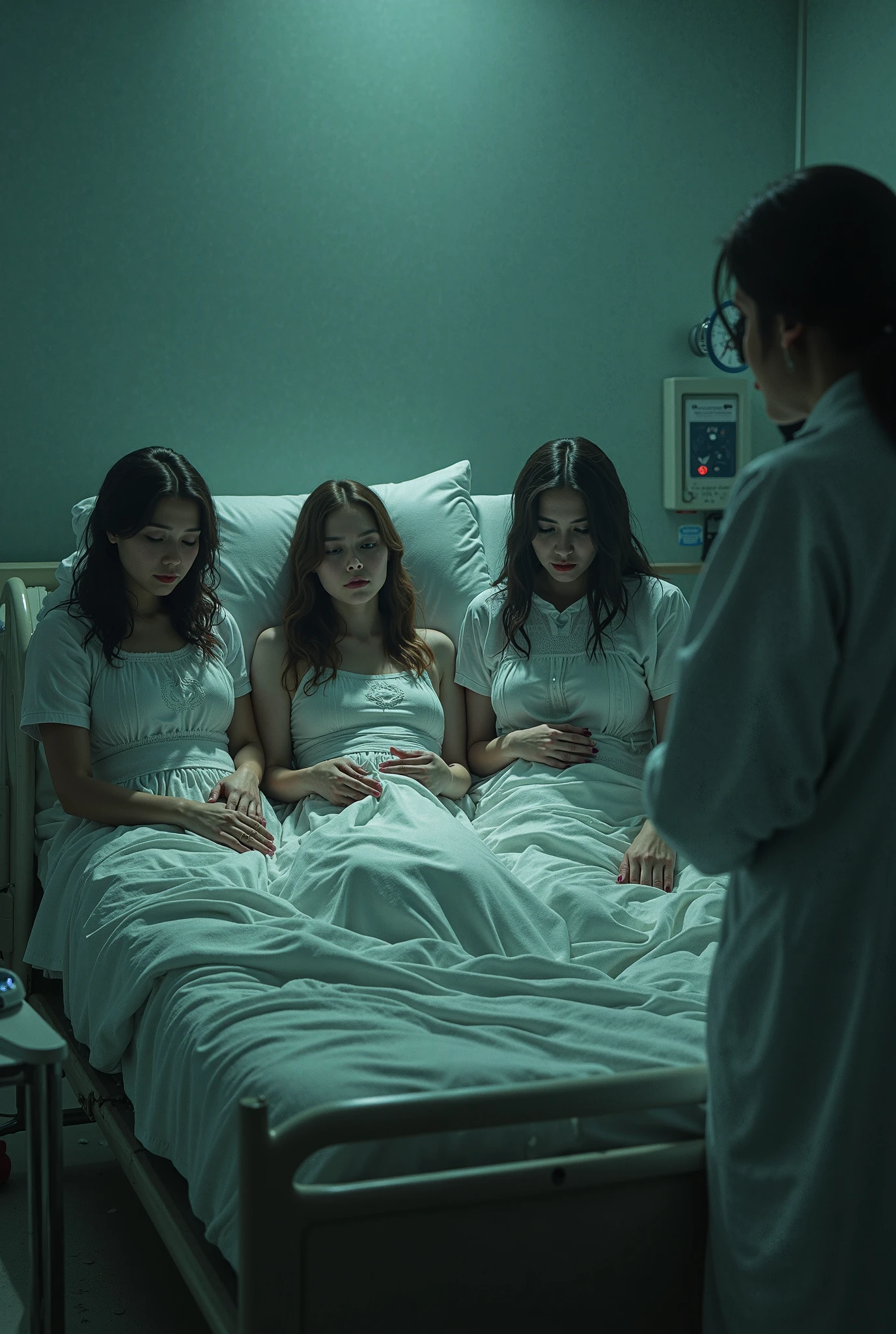 Create a photo of a woman lying on a hospital gurney looking at her family as they cry a lot holding her hand, add a man in black clothes whose face you can&#39;t see coming out of the shadows in the corner of the hospital room
