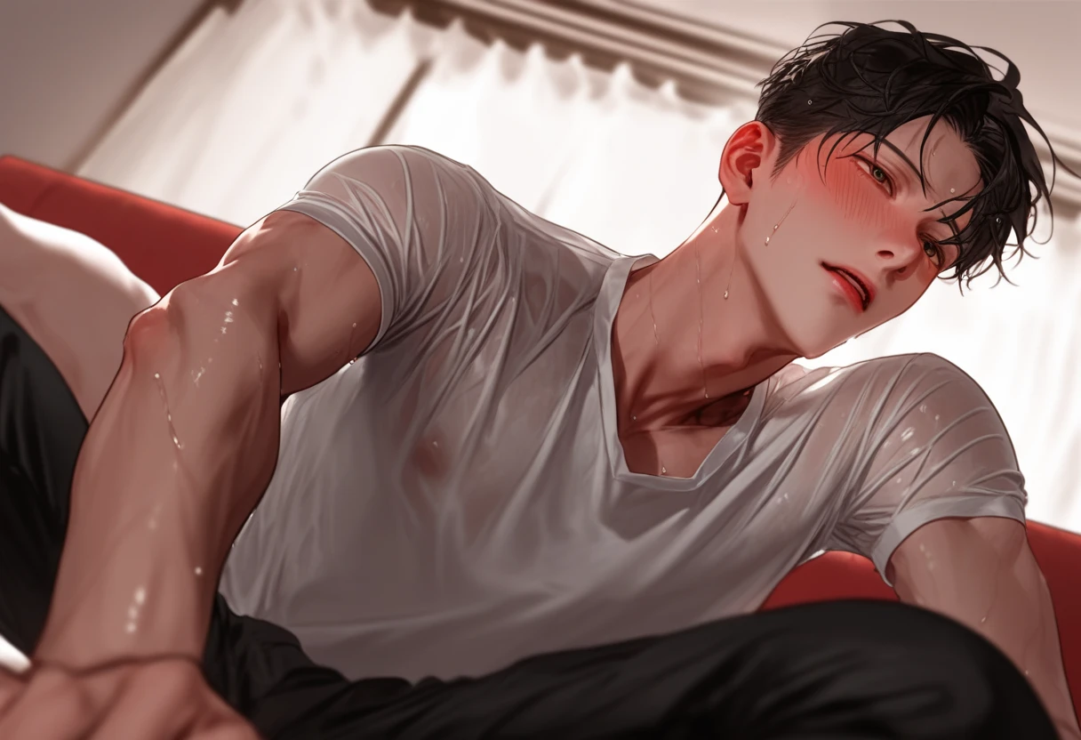 ultra-detailed, masterpiece, best quality, highres, extremely detailed, nsfw, (solo shoot:1.5), (1boy:1.5), man, (lean guy:1.5), short hair, work clothes, open shirt, bottomless, torn clothes, drunk, (restrained:1.5), shackles, handcuffs, gagged, bondage, (excessive cum on body:1.7), strobe lighting, spotlight, 