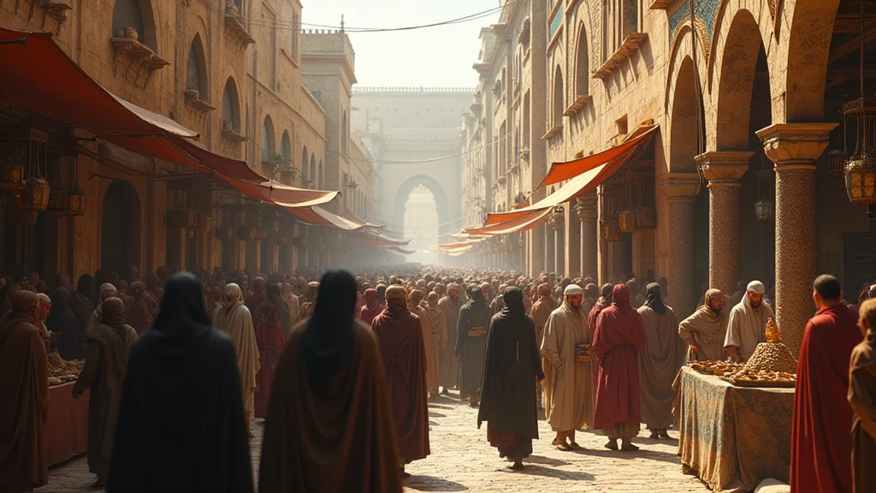Create a highly detailed, underexposed depiction of the historical city of Ceuta during the era of Thariq bin Ziyad. The scene should feature the city’s ancient stone walls, narrow streets, and key architectural features, all rendered with cinematic detail. The city is alive with activity, with markets, citizens, and soldiers moving about, all dressed in period-accurate attire. The lighting is underexposed, with long shadows and subtle highlights that create a sense of depth and historical authenticity. The cinematic color grading emphasizes the contrast between the cool, stone structures and the warm, earthy tones of the people and their attire, creating an epic atmosphere that captures the historical significance of the city