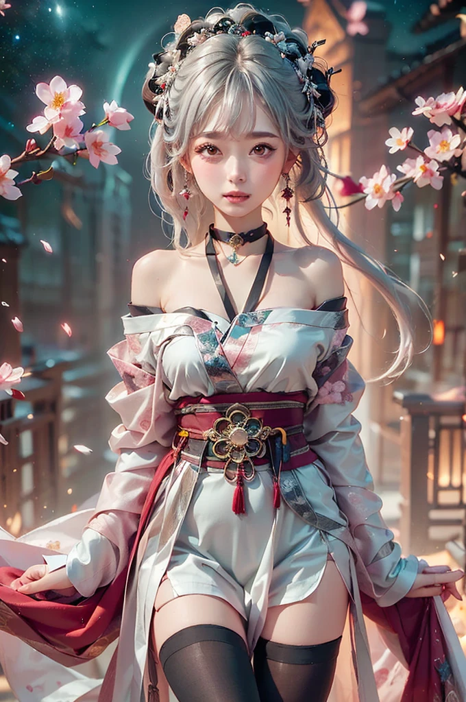 cute woman, short girl, submissive girl, cute clothes, skirt, blouse, clothed, kimono, medium breasts, little smile, night, pink glowing eyes, lingerie, seductive, Japanese temple, white long hairs