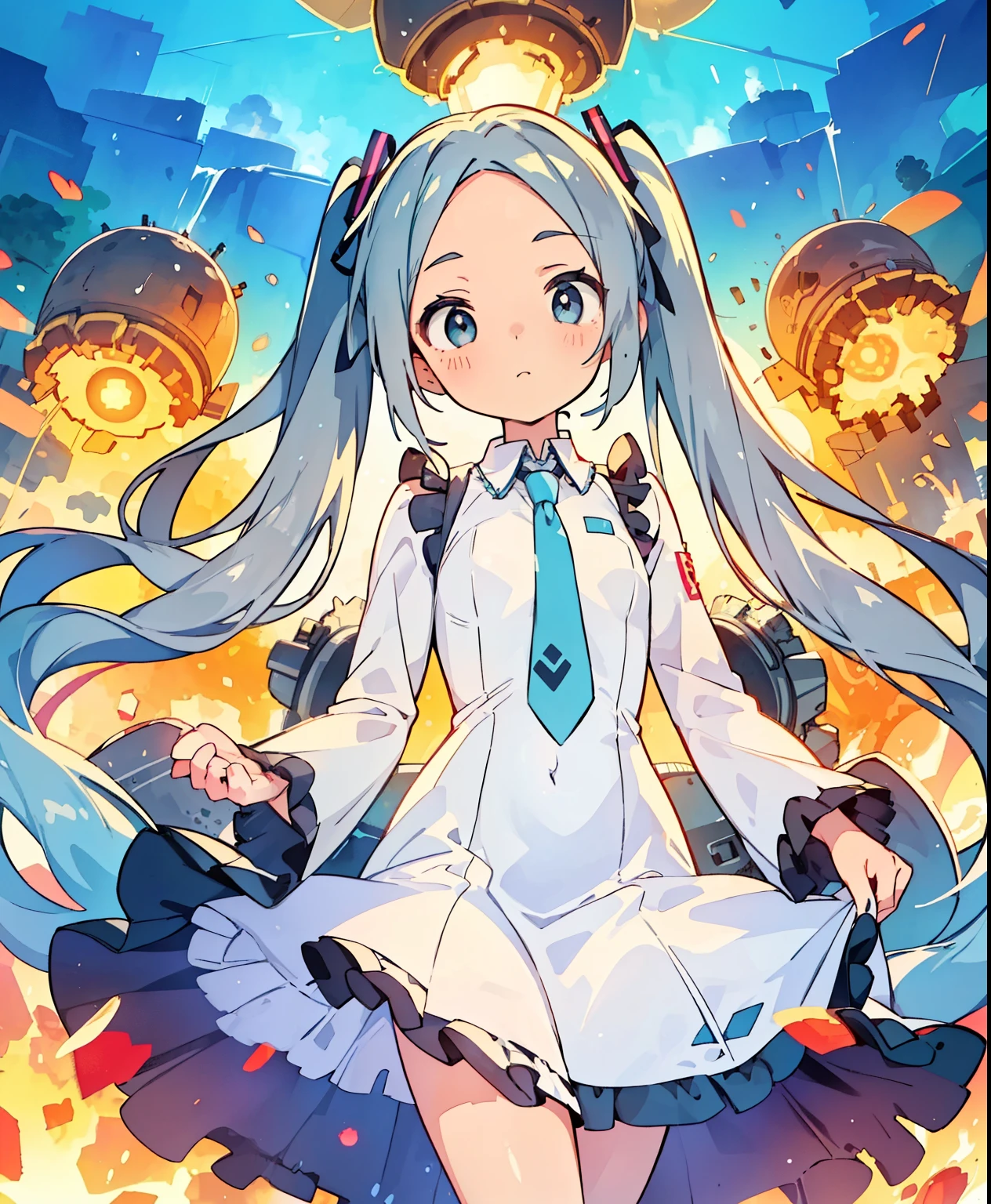 (Masterpiece、 best quality 、 best quality 、 Official Art、 beautiful and beautiful :1.2)、( One Girl:1.3) Hatsune Miku、 twin tails, beautiful breasts , Masterpiece, exquisite, illustration, { Beautiful and Meticulous Girls }, beautiful detailed afterlight , (Fires of War: 1.2), (Nuclear explosion behind: 1.3), rain, detailed lighting of different gods, Detailed water, ( beautifully detailed eyes: 1.1), Expressionless, palace, Sky Blue Hair , Scattered hair, long bangs, Eyebrow, ( whiteish grey dress: 1.1), Black Ribbon, white ribbon tie , Upper abdomen, Large forehead, dull, flower, long sleeve