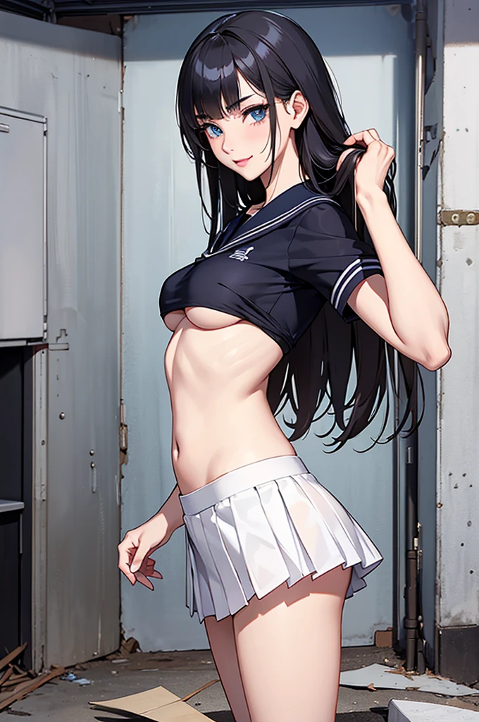 8K, Attractive, intensely detailed, 20 Year Old Girl, sexy and attractive woman with dark, black hair. She has beautiful sky-blue eyes with a heart inside. She is dressed in white, short and unbuttoned shirt. She is wearing a blue miniskirt. Her skirt is lifted up, Under the skirt, you can see the light outlines of the thighs of a girl without panties. The sexy body is seen along with the naked belly and chest. She stands with her back, Turning a little to face us.