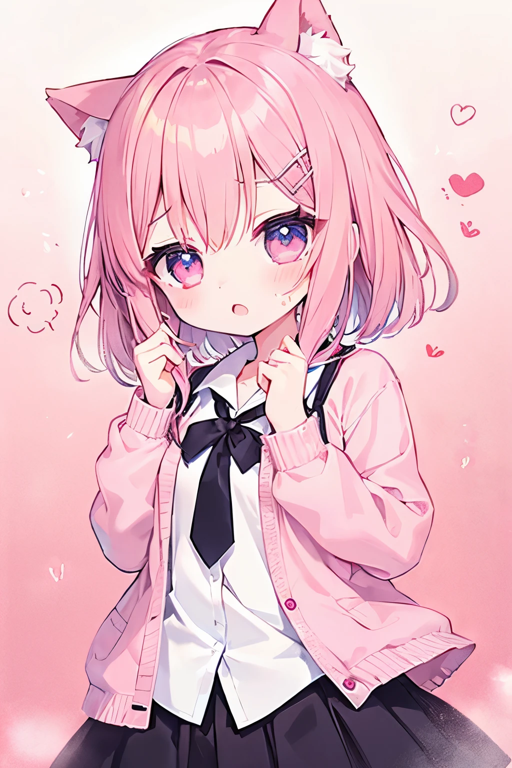  short, The hair color is light pink 、 cardigan、 Pink Skirt 、 wear a collar 、   、Very beautiful and  Eyeliner、 Eyeliner、1 person、Cat ears、((((( )))))、heart❤、((sweat、vapor)）