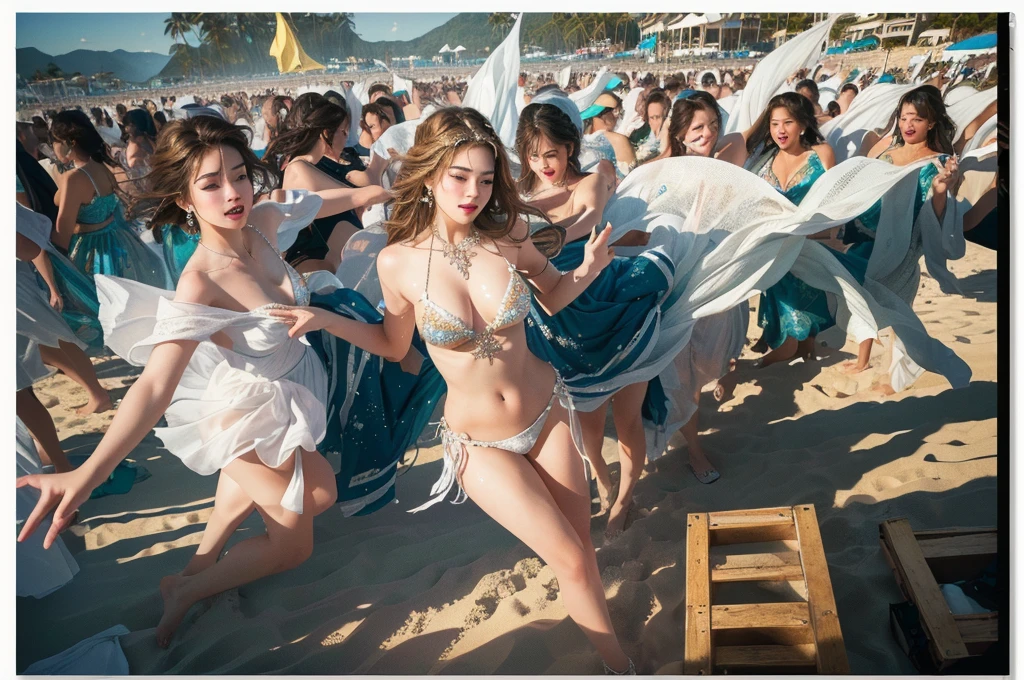 (best quality,4k,highres:1.2),ultra-detailed,realistic:1.37,A group of naive white women,traditional Polynesian dance,traditional costume,vivid colors,studio lighting,exotic environment,happy and energetic,motion blur,beautiful detailed eyes,beautiful detailed lips,longeyelashes,tropical flowers in their hair,bright and colorful skirts,graceful movements,cultural exchange,enthusiastic crowd,blending of cultures,joyful expressions,music and laughter,sunset by the beach,intricate hand gestures,swaying hips,sparkling ocean in the background