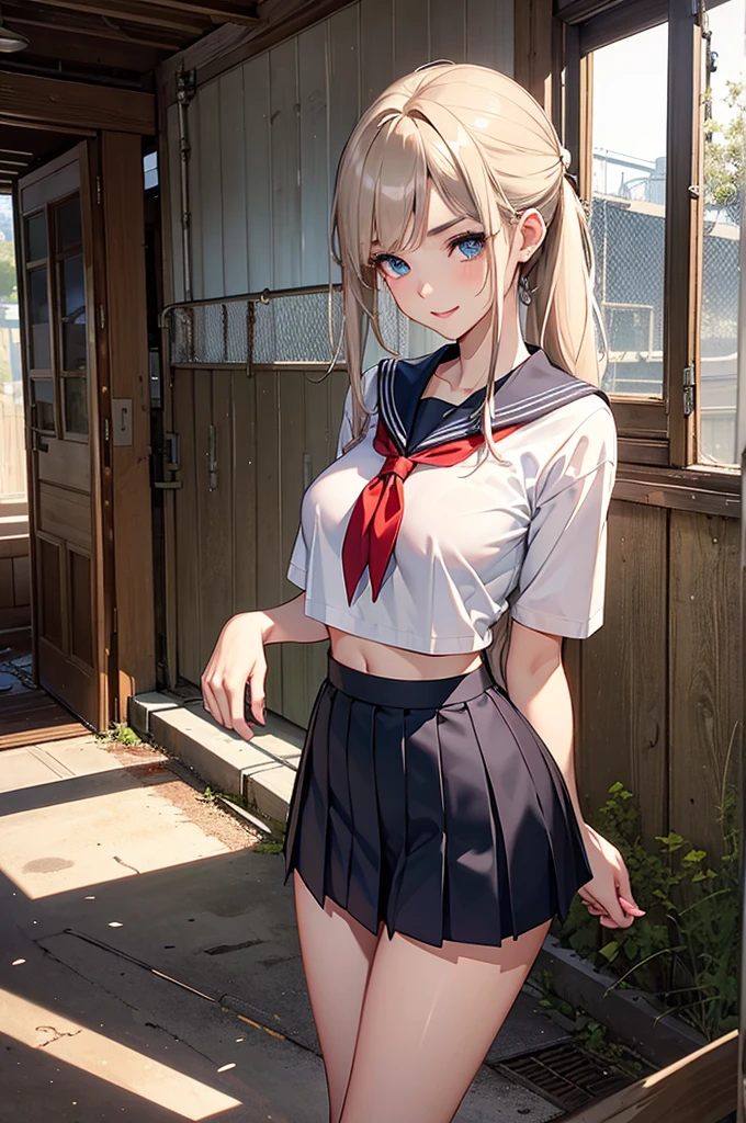 {Japan Slender Pretty Girl}, High Resolution, Best Quality, Super Detail, {Full Body}, Sailor School Swimsuit, Wedges, Fine Details, No Blush, Bite