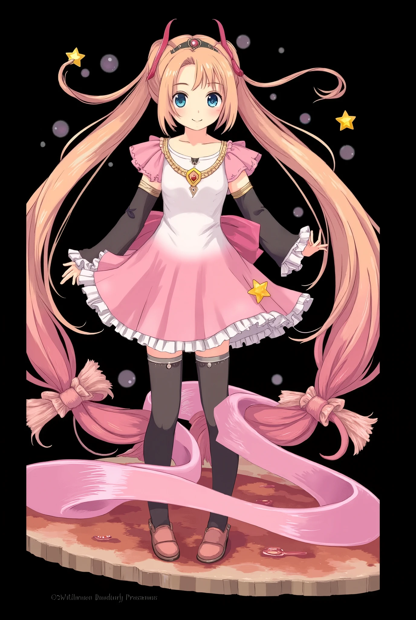 (Masterpiece、 best quality 、 best quality 、 Official Art、 beautiful and beautiful :1.2)、( One Girl:1.3) Hatsune Miku、 twin tails, beautiful breasts , ( best quality ), (masterpiece)、( very detailed on trends)、( Magical Girl)、( one beautiful girl:1.3)、On、 cute little 、 skindentation 、 pink and white leotard dress 、 Cleevidge 、 pink overskirt 、Fluffy Short Sleeve 、white gloves、Scarlet 、 standing、Blonde、 Medium Hair 、 Dynamic Poses、( blue eyes )、 detailed eyes、 detailed color、smile、 medium breasts、、( two side up)、stupid hair、( full body shot)、magic effects、 black background、white collar and star brooch 、【From the above】、 big pink ribbon wrapped around her waist