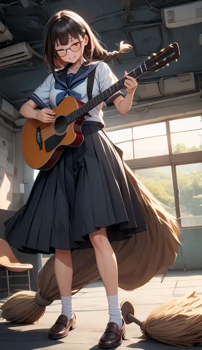 1womanl\(playing guitar on brooms,high school student,intense movements,(Dynamic Action:1.3),long braided hair,hair-color: blackw,high heels,hair floating,hair dancing strong,splashing suor,shining sun,seaman uniform,moccasins,cups,performance de guitarra,shouting out loud,eyes closed tightly\), fund\(behind the school building,the public are cats\),(dynamic angle), break ,品質\(8K,extremely detailed CG unit wallpaper, Masterpiece artwork,high resolution,top-品質,top-品質 real texture skin,hyperrealisti,Increase resolution,RAW Photos,melhor 品質,highy detailed,The wallpaper,cinematic lighting,ray tracing,golden ratio\)