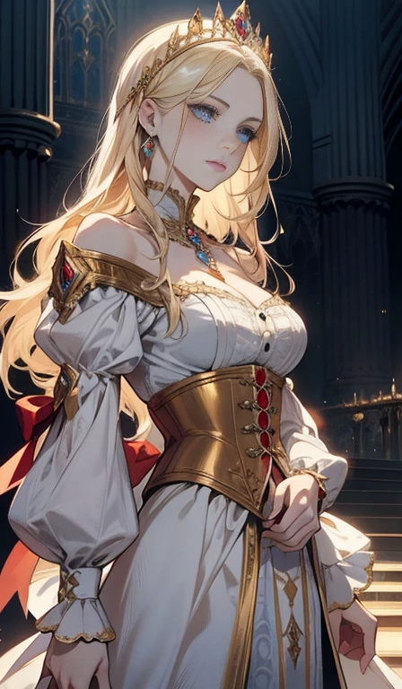 Masterpiece, best quality, White headphone, blonde, Korean woman, tall, slender, Female Knight, red armor, beautiful face, beautiful hand, anime pastel, cleavage, Castle, wide-angle