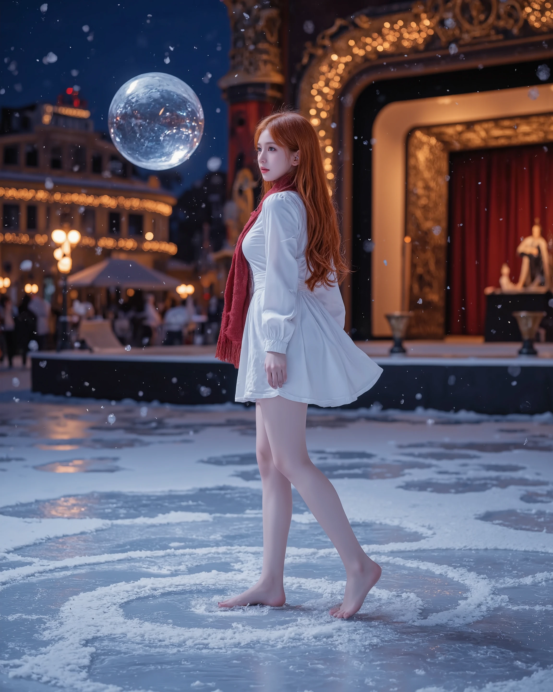 1girl, solo, (long orange hair), elegant white short dress, looking side, levitating a ice sphere ,falling snow, walking on iced lake, vibrant scene, magical scene, bokeh, holiday lights at far, theater stage, cozy lights theater, barefoot, red scarf