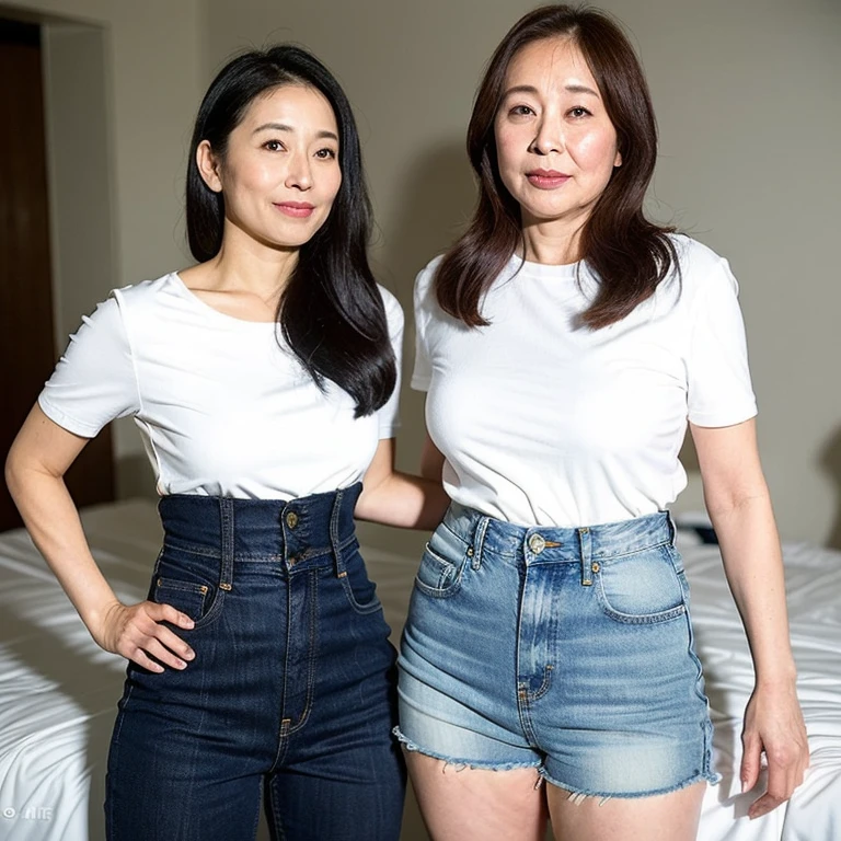best quality, High resolution, Hires, skin definition, detailed skin, detailed eyes, detailed face, 4K, 日本人mature woman, ((solo)), (((50 years old))), (wrinkles at the corners of the eyes:1.6), (nasolabial folds:1.7), mature woman, sex appeal, sexy, fair skin, ((wavy short hair)), Looking at Viewer,(((old skin))), ((loose muscles)), (((very large breasts:1.28))), ((loose breasts)), (flaccid butt), ((japanese model)), 4K, (photoReality:1.5), Reality, ticker, Beautiful, Bimbo, Perfect makeup, eye make up:1.5, small diamond necklace, earrings, (((Red T-shirt, jeans))), smile, Office Desk,full body photo,