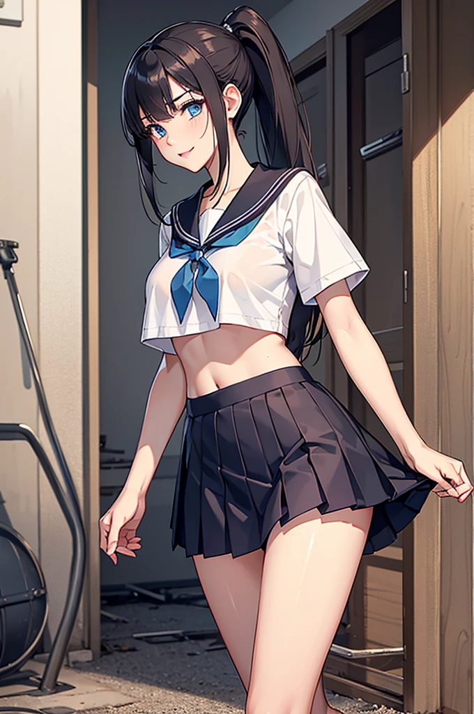 (masterpiece, Highly detailed 8k CG, sharp lines), high school girl, blue hair, cute, serafuku, white underwear and skirt, skirt lift, sexy pose showing panties, thighs, anime style , 美しいアニメhigh school girl, seductive anime girl, Smooth anime CG art, 美しいアニメhigh school girl, beautiful anime girl,