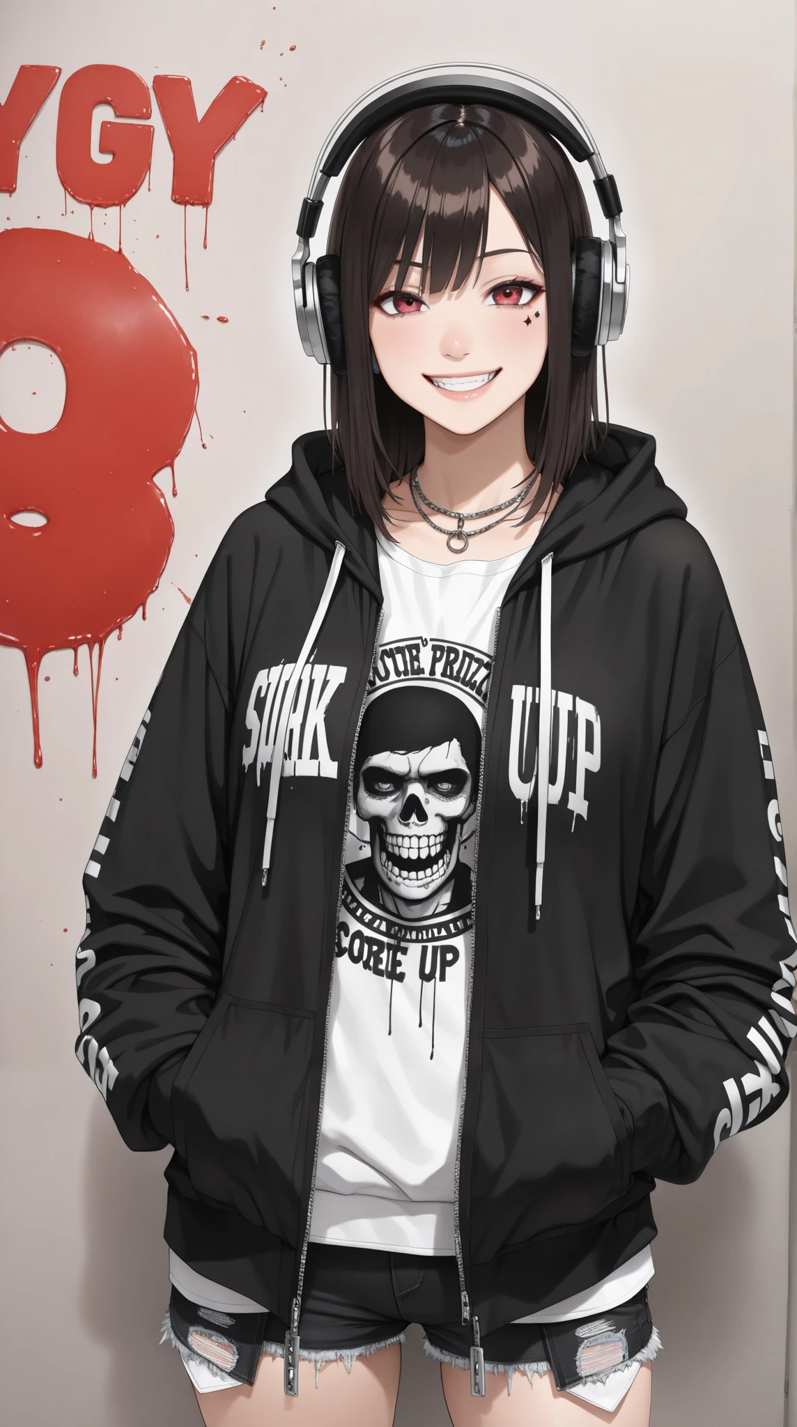(( best quality )),(Ultra high resolution),( tall Highly detailed ),( Detailed explanation ),(( best CG )),( Best Works of Art ), Ultra Precision Art, Amazing Painted Art ,( Exact Detailed Art :1.5), woman, smile, headphones, large open front hoodie, punk,
