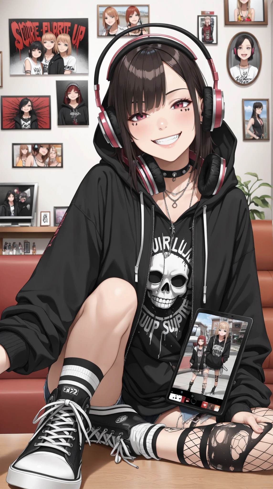 (( best quality )),(Ultra high resolution),( tall Highly detailed ),( Detailed explanation ),(( best CG )),( Best Works of Art ), Ultra Precision Art, Amazing Painted Art ,( Exact Detailed Art :1.5), woman, smile, headphones, large open front hoodie, punk,