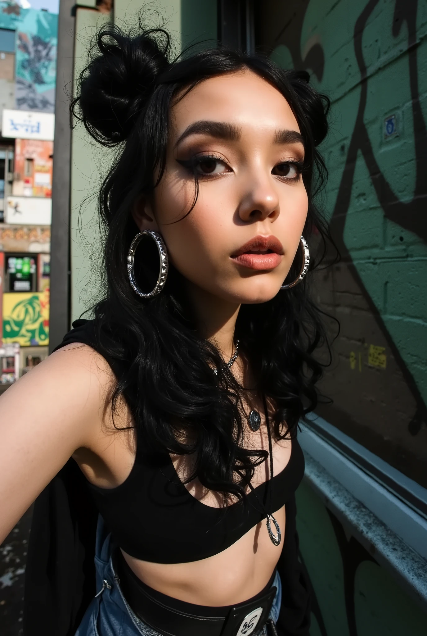 A hot urban girl in dynamic pose. Grunge wall grafitti background. Down Angle. ((cinematic lighting)).