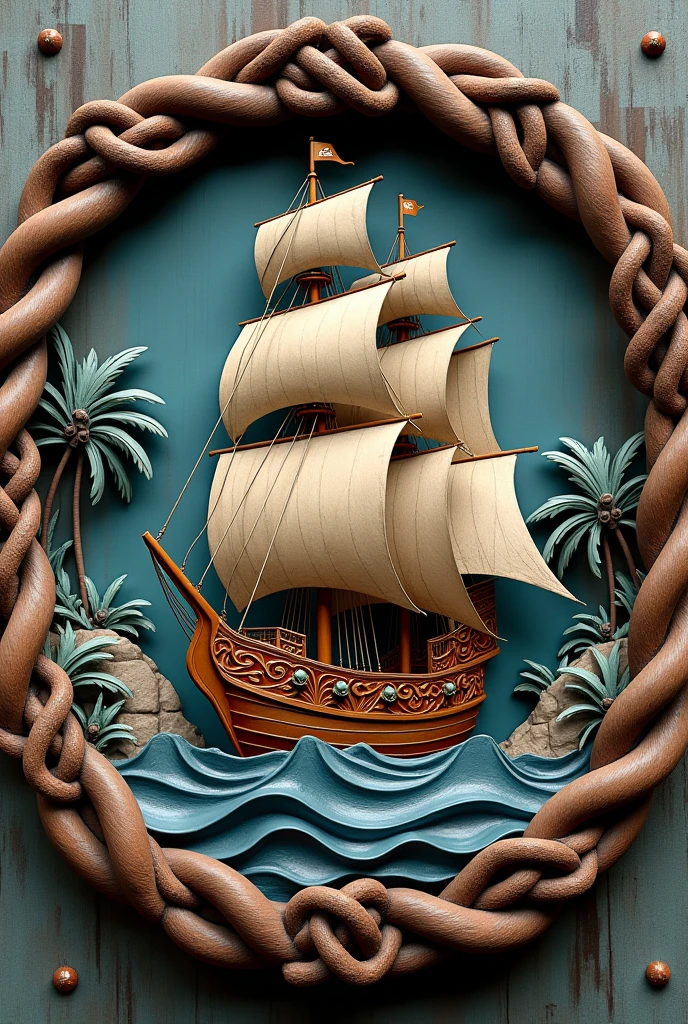  Make me a round bas-relief with a sailboat,  it should be intricately designed . In pirate style 