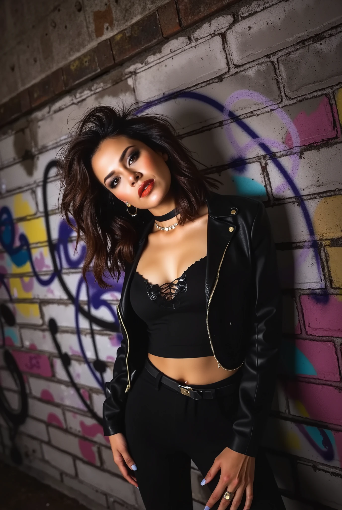 (((Down viewer))). A hot urban girl in dynamic pose. Grunge wall grafitti background. Dynamic Angle. ((cinematic lighting)).