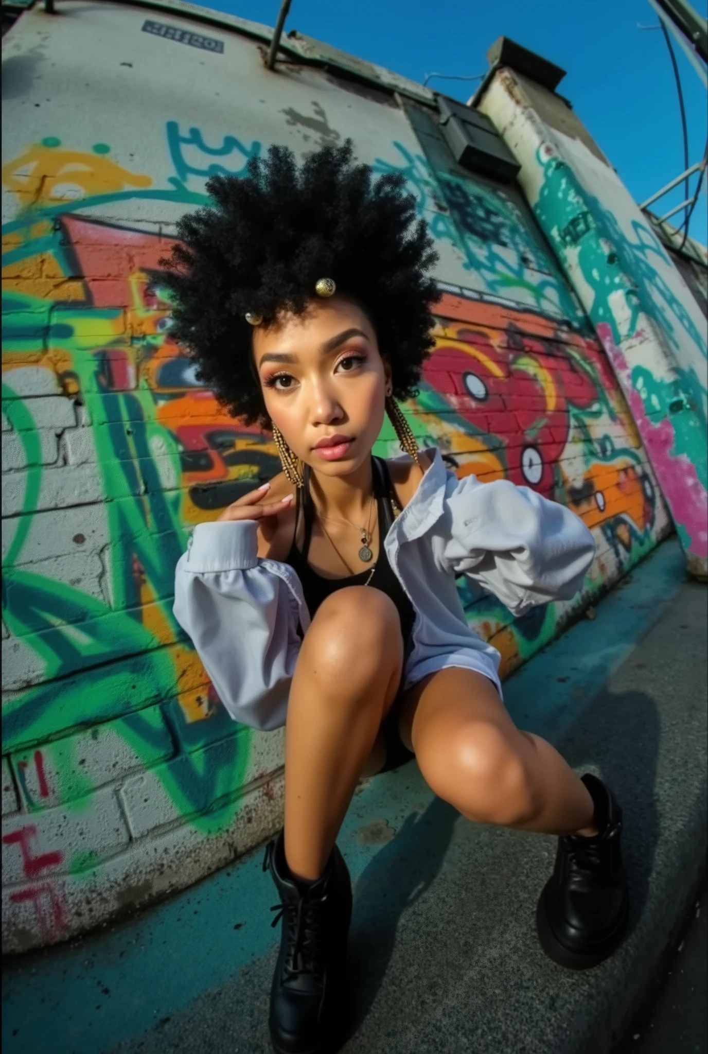 (((Back viewer))). A hot urban girl in dynamic pose. Grunge wall grafitti background. Dynamic Angle. ((cinematic lighting)).