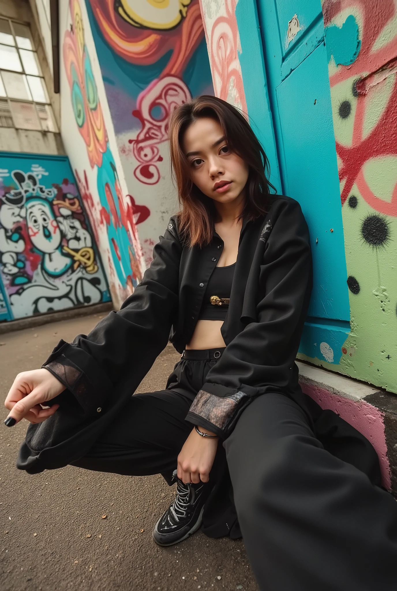 (((Back viewer))). A hot urban girl in dynamic pose. Grunge wall grafitti background. Dynamic Angle. ((cinematic lighting)).