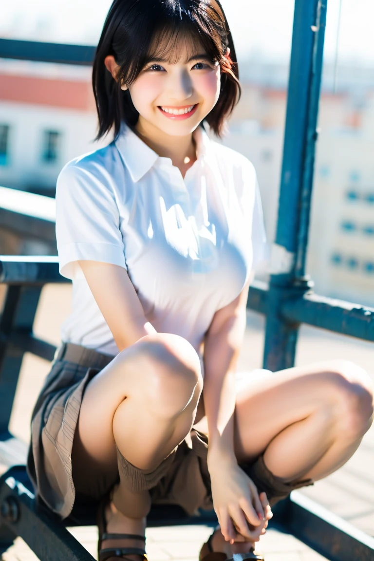 (masterpiece:1.3, Highest quality, Ultra-high resolution, Very detailed), (Realistic:1.1, photoRealistic:1.4), beautiful photo, Perfect lighting, colorful, Written boundary depth,
Beautiful detailsまでこだわった髪, Beautifully detailed face, Beautiful details, Beautiful clavicle, Beautiful body, Beautiful breasts, Beautiful thighs, Beautiful legs, Beautiful fingers,
View your audience, 1 girl, Japanese, high school girl, Perfect Face, (Perfect Anatomy, Anatomically correct), Cute and symmetrical face, Baby Face, Sunburn, Glowing Skin,
(Medium Hair:1.5, blonde), Asymmetrical bangs, blue eyes, Long eyelashes, (Center of chest), thin,
((A fitted white shirt, No sleeve, , Grey plaid pleated skirt, To the Navy)), Sexy see-through white lace panties,
(Beautiful views), evening, (Outdoor, distant cityscape), Are standing, (peace sign), (Cute Smile, blush、Upward glance, Open your mouth),Lifting skirt、underwear、Spread your legs、Completely naked、skirt lift、Open your legs and show off your panties、Lift up the skirt