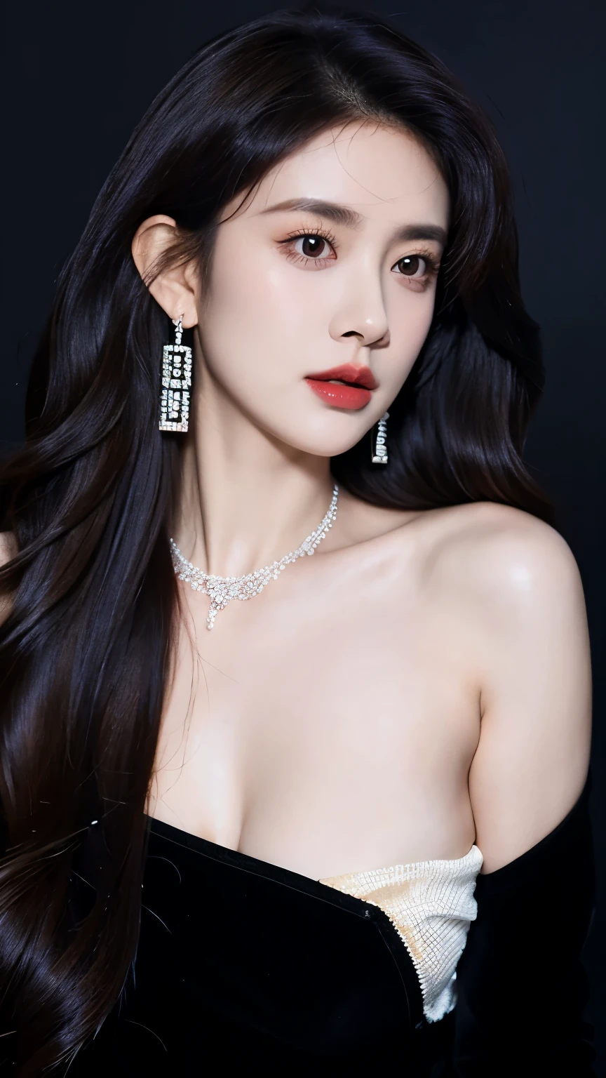 Ultra HD resolution,earrings,Long hair,Black background,Purple backless dress,necklace,H Cup,Showing cleavage,Show more breasts,Amazing breast size,nipple,Expose the areola,Breast enlargement,Cool white skin,Big buttocks,Messy hair,Messy hair,Ruddy complexion,sweater, showing areolas