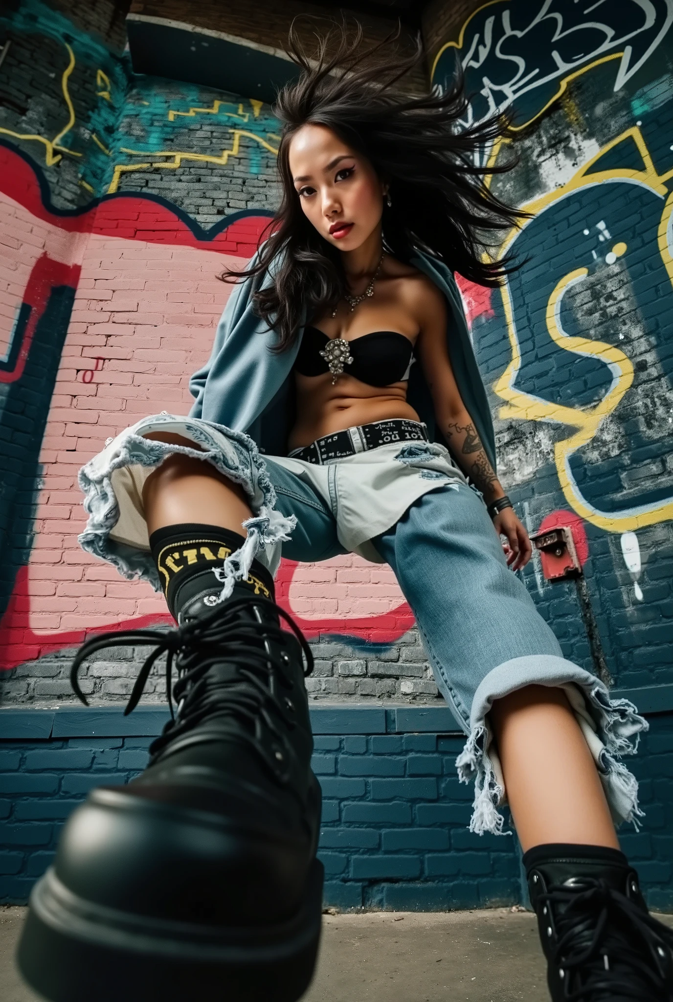 A hot urban girl jumping in dynamic pose. Grunge wall grafitti background. Dynamic Angle. ((cinematic lighting)).