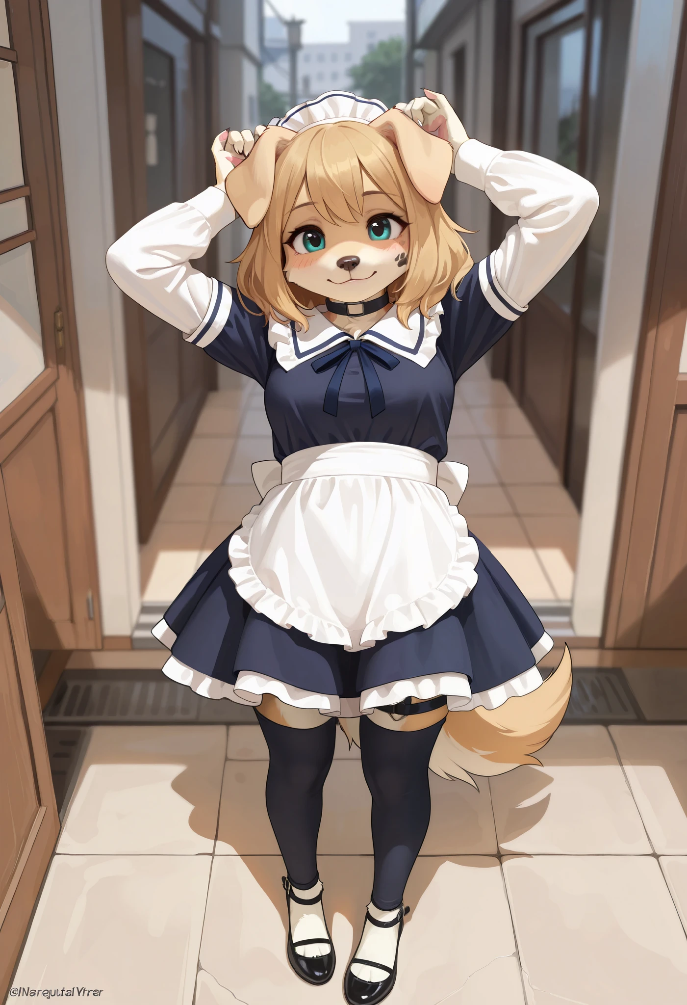 highres, top quality, best quality, paid reward available, High-quality illustrations by Johannes Vermeer, unparalleled masterpiece, perfect artwork, absurdres, perfect anatomy(highly detailed beautiful face and eyes)(angelic cute 1girl, kemono, solo focus)(furry)(furry anthro:1.7)(Furry body, dog facial features, dog body features)(very detailed body fur)full body, dynamic pose,