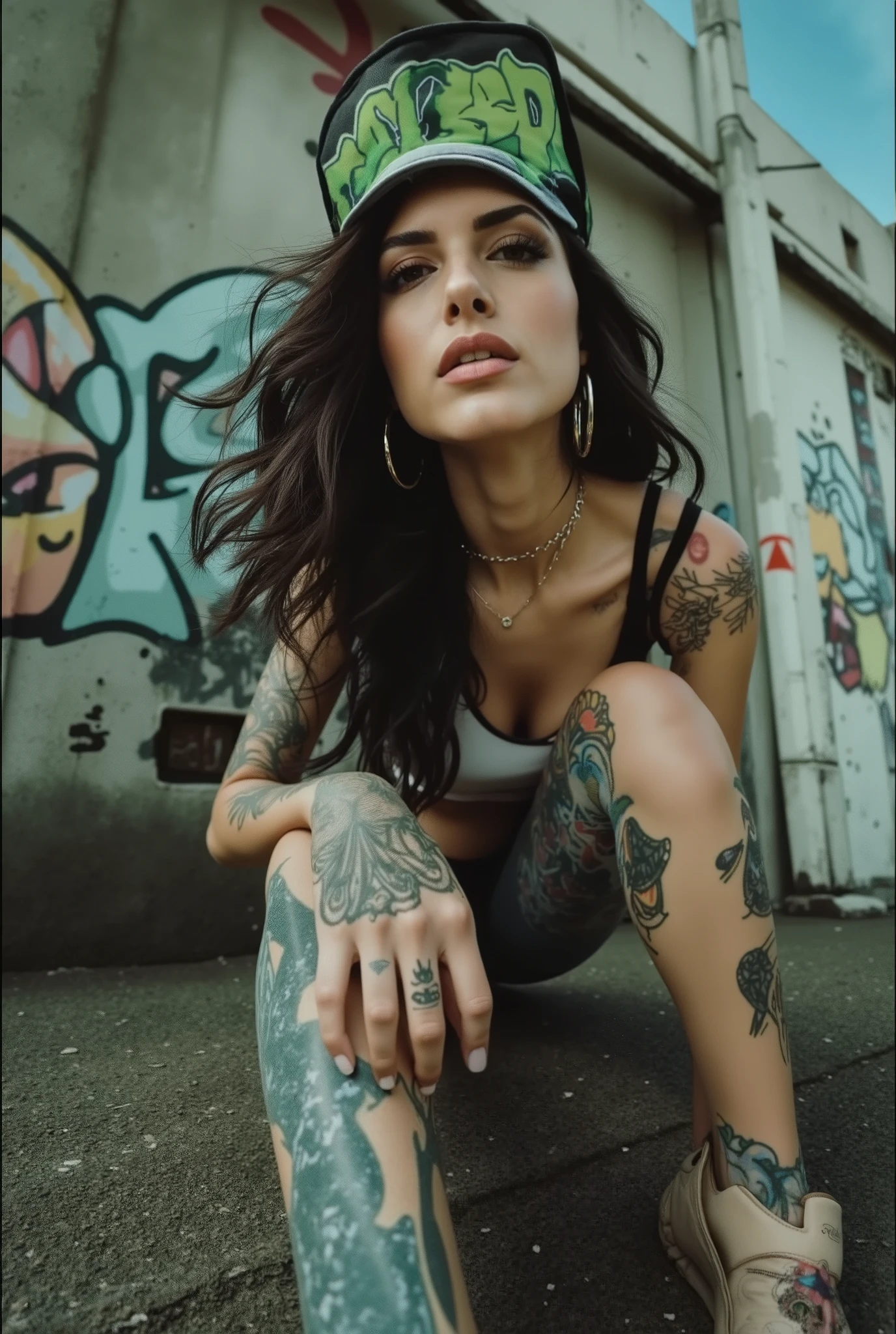  A hot urban girl in dynamic pose. Grunge wall grafitti background. Dynamic Angle. ((cinematic lighting)). 